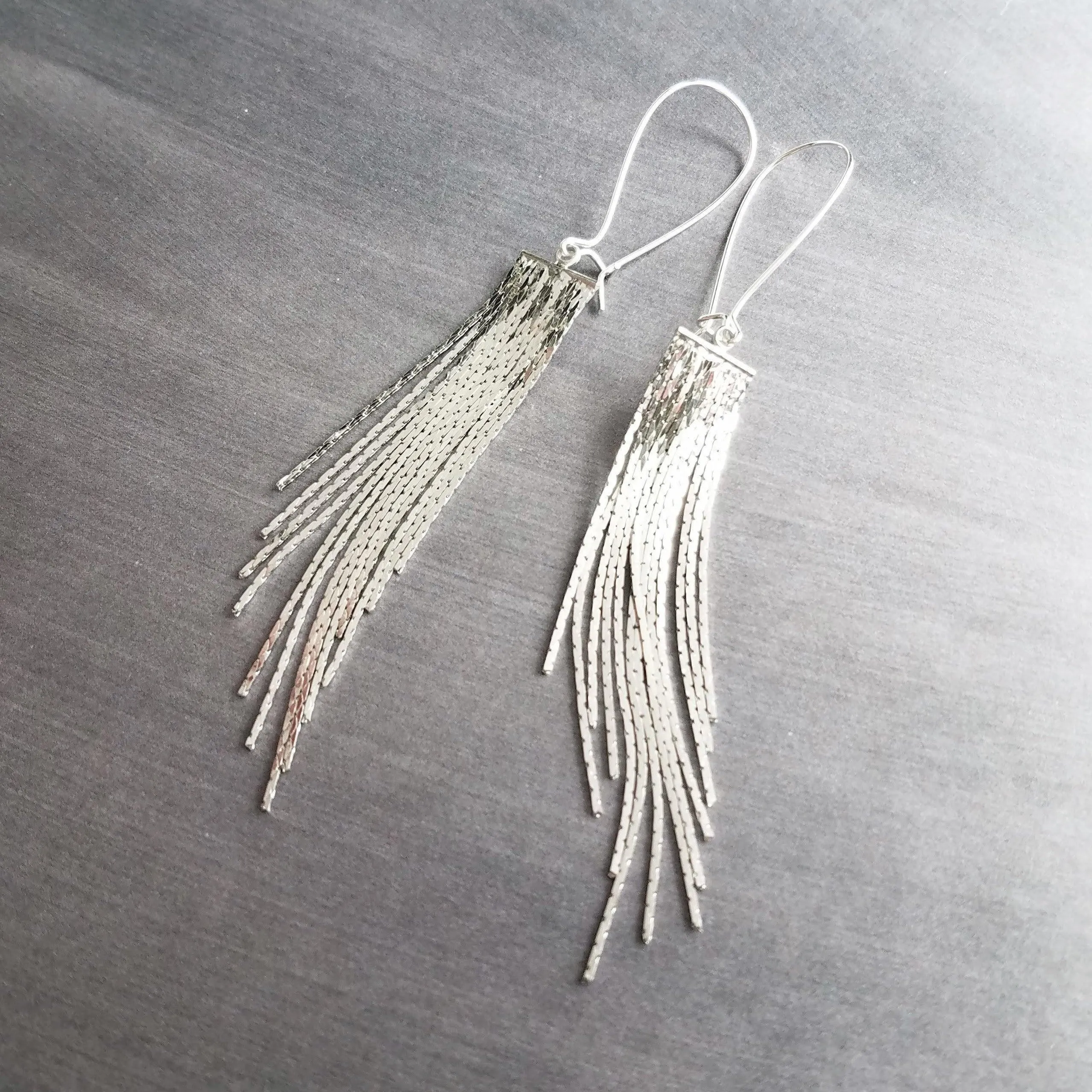 Silver Fringe Earrings - thin snake chain strands, chain dangle, v shape chain, thin chain fringe, chain tassel, 4" long earring, sexy