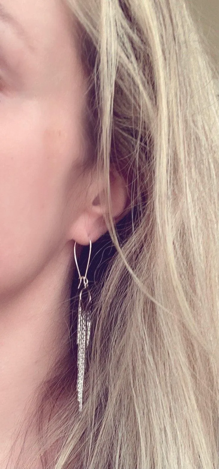 Silver Fringe Earrings - thin snake chain strands, chain dangle, v shape chain, thin chain fringe, chain tassel, 4" long earring, sexy
