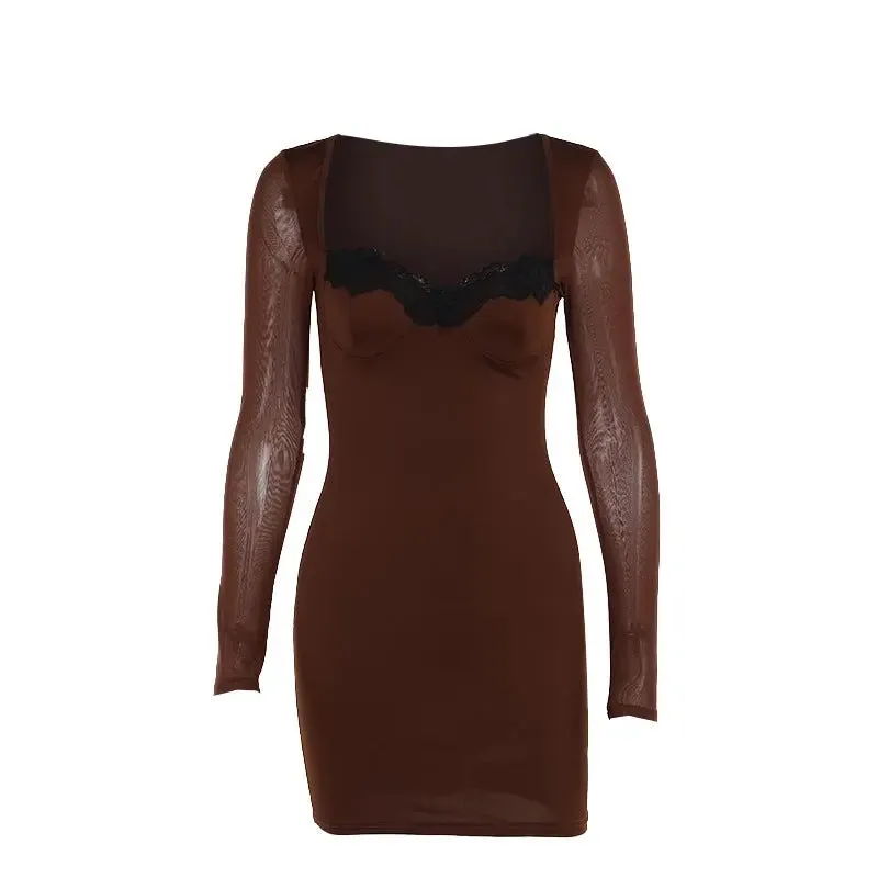 Slim-fit Lace Mini Dress - Elegant Long Sleeve Sheath Dress