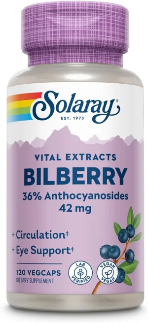 Solaray Bilberry Berry Extract 42 mg, Eye Health & Circulation Support, with 36% Anthocyanosides, Vegan, 120 VegCaps