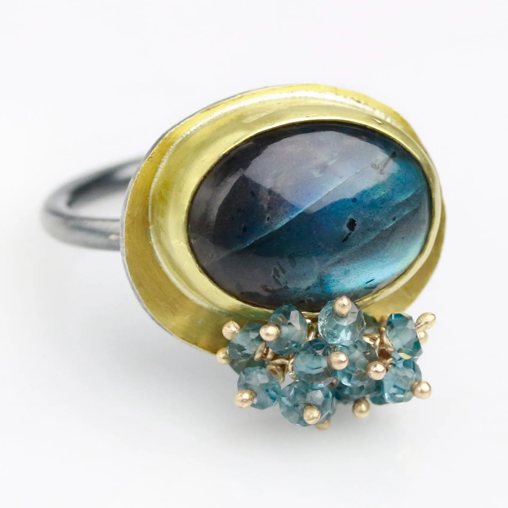 SOLD Aqua Blue Labradorite Ring with London Blue Topaz Cluster. Size 6 1/2.
