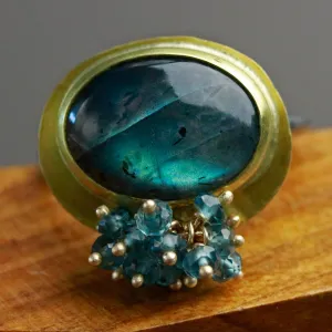 SOLD Aqua Blue Labradorite Ring with London Blue Topaz Cluster. Size 6 1/2.