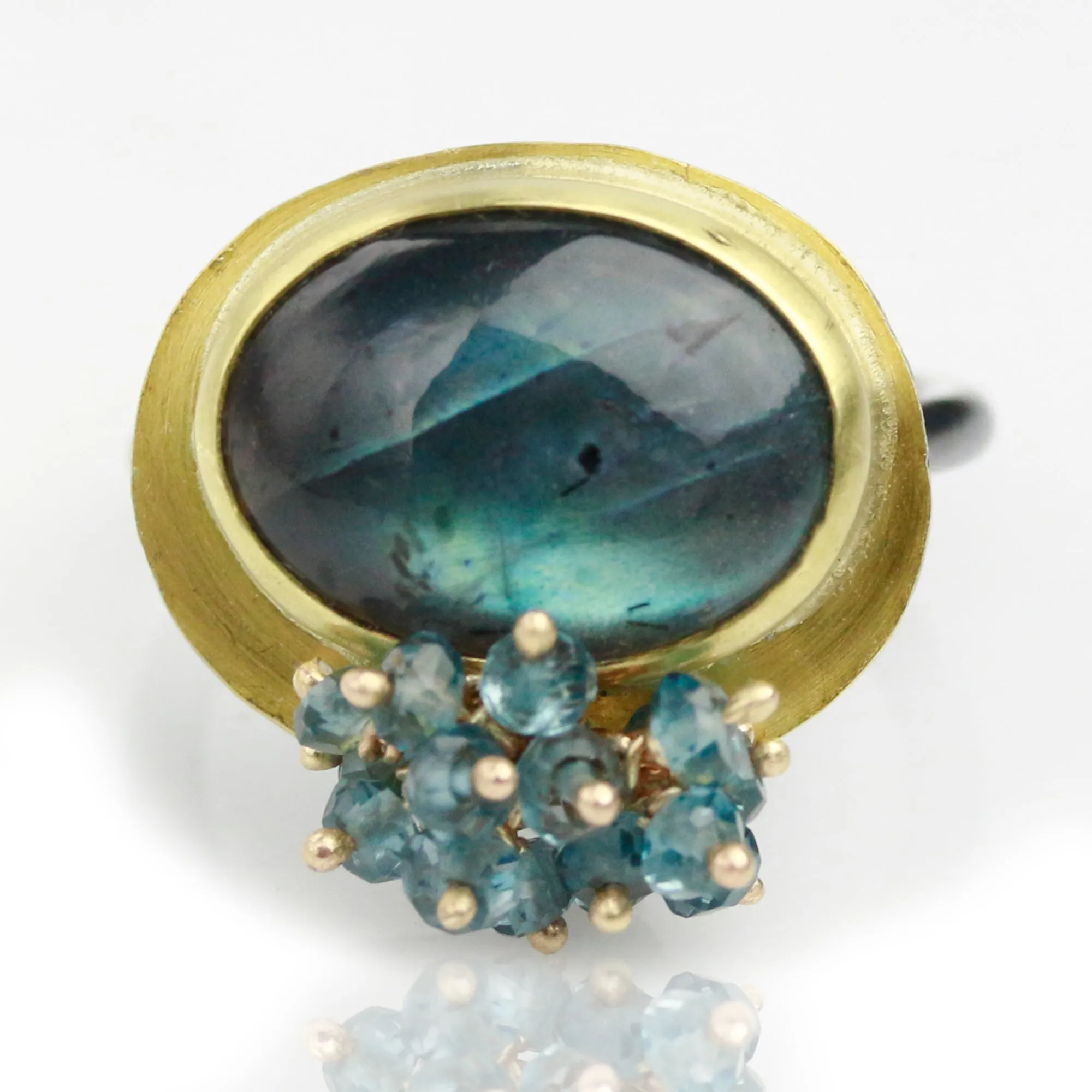 SOLD Aqua Blue Labradorite Ring with London Blue Topaz Cluster. Size 6 1/2.