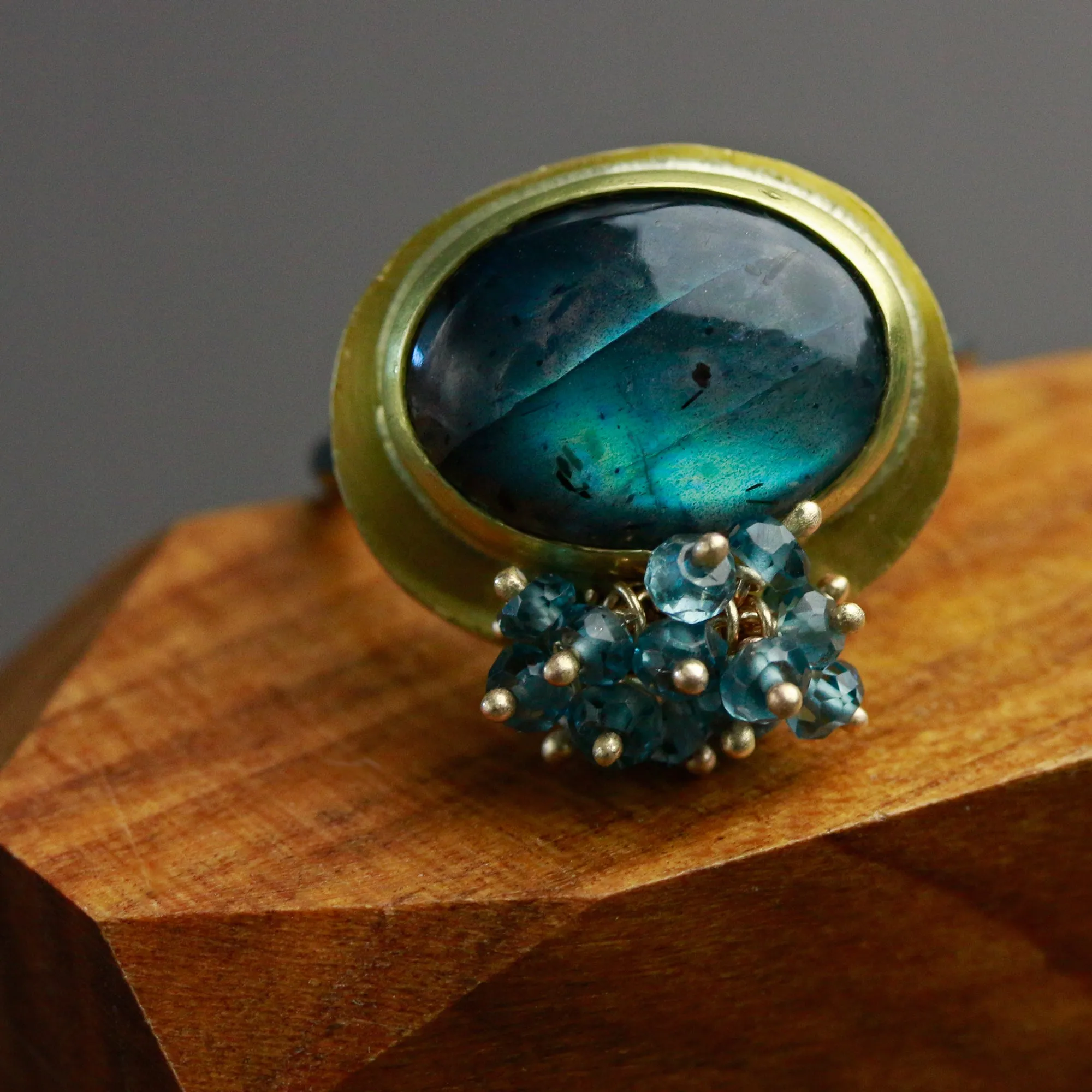 SOLD Aqua Blue Labradorite Ring with London Blue Topaz Cluster. Size 6 1/2.