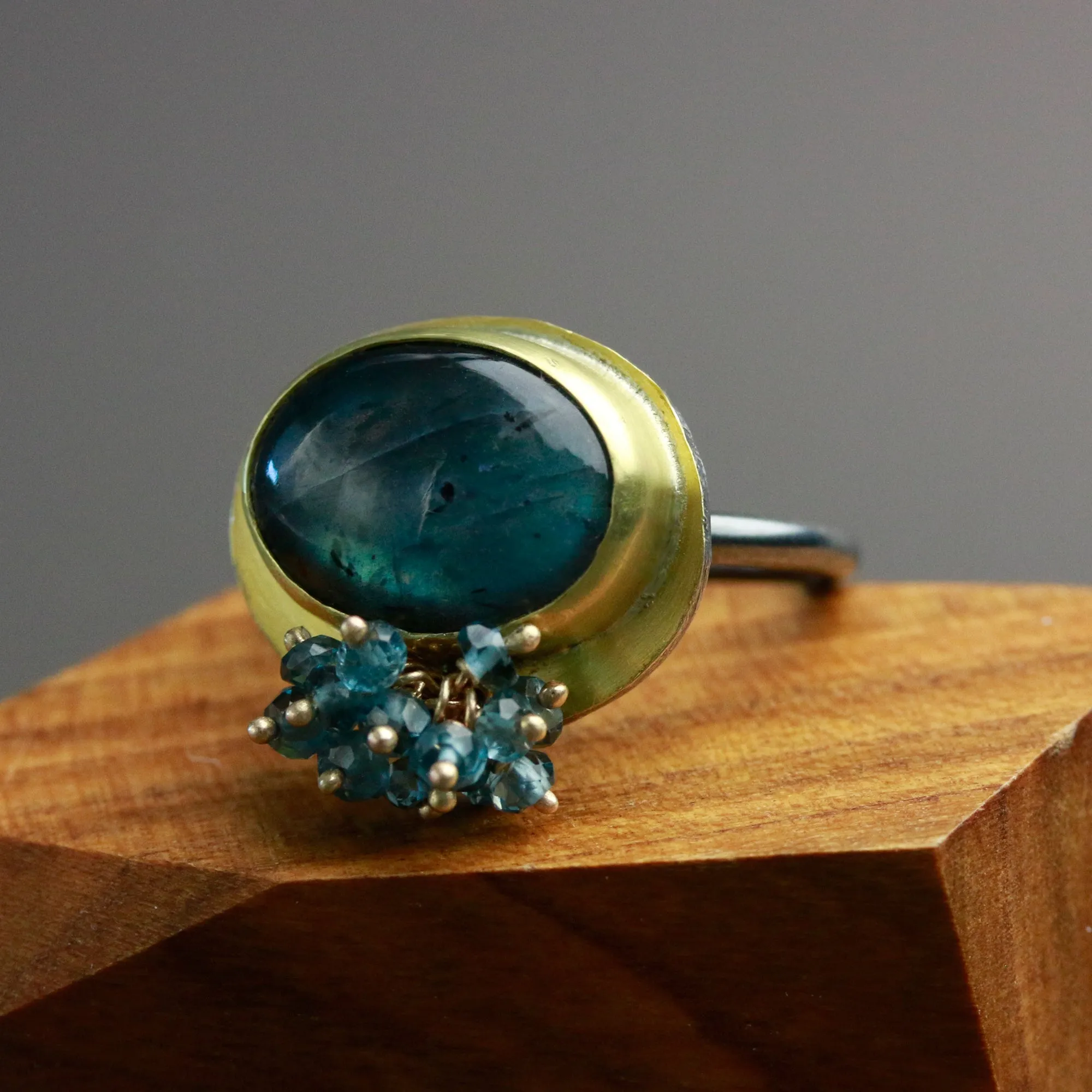 SOLD Aqua Blue Labradorite Ring with London Blue Topaz Cluster. Size 6 1/2.