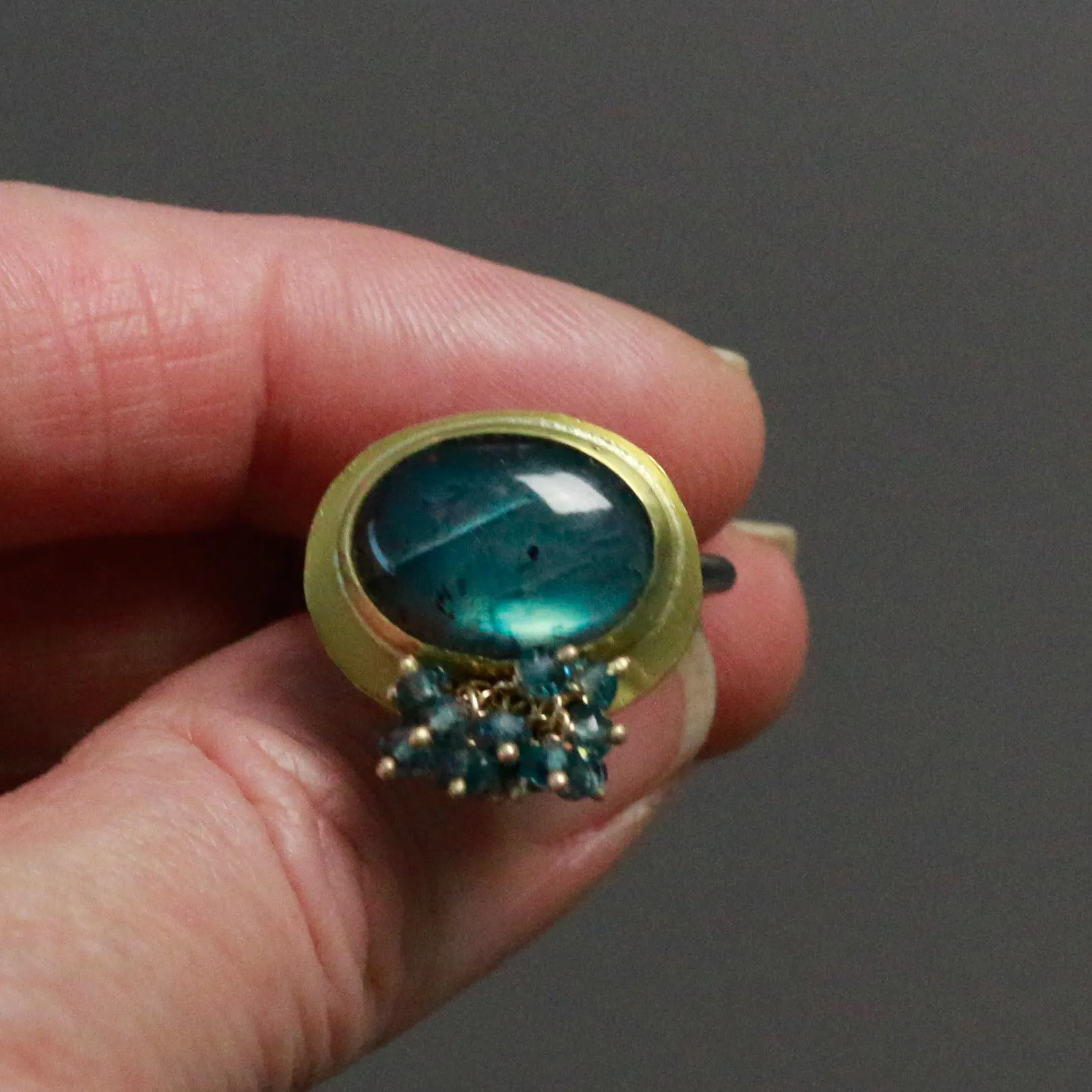 SOLD Aqua Blue Labradorite Ring with London Blue Topaz Cluster. Size 6 1/2.