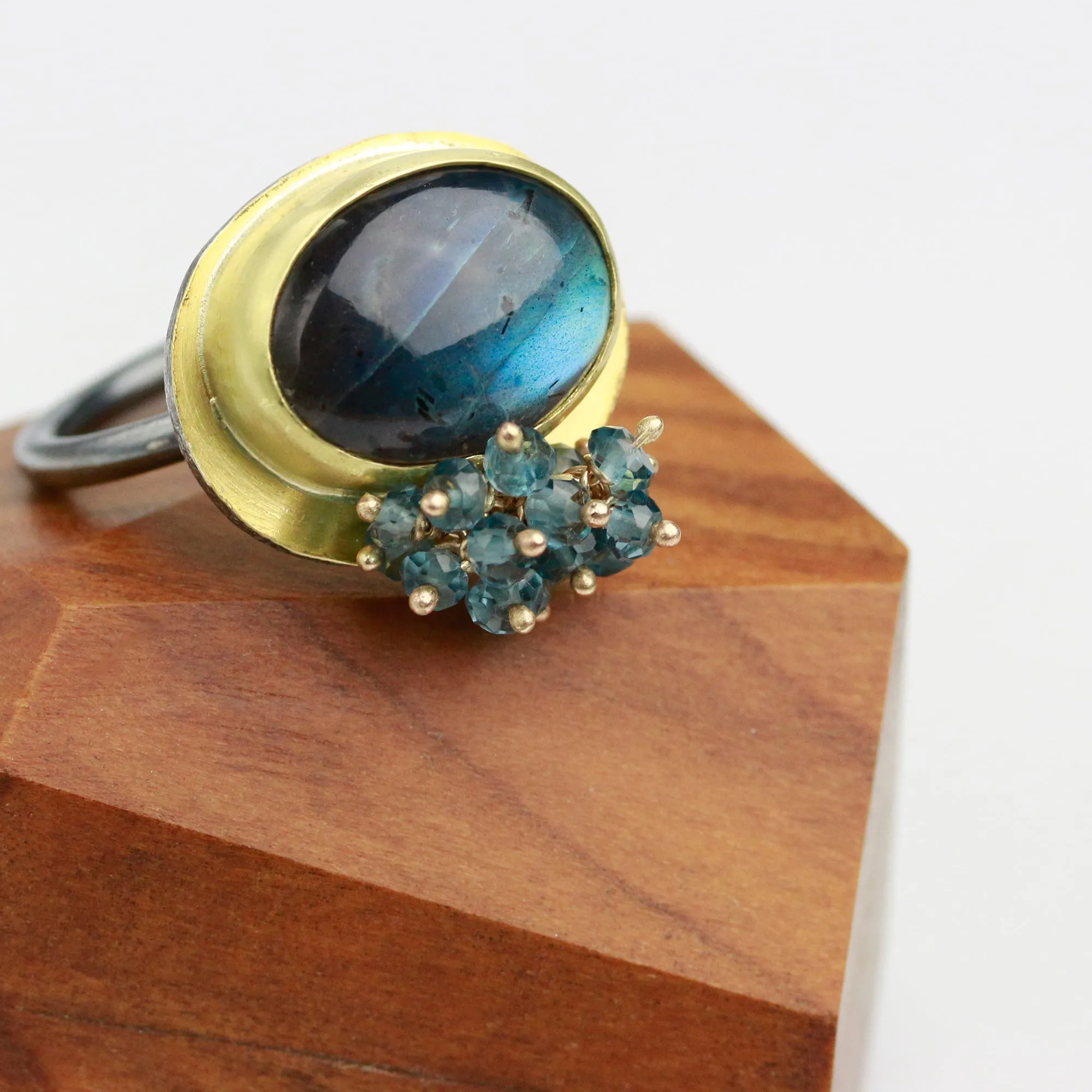 SOLD Aqua Blue Labradorite Ring with London Blue Topaz Cluster. Size 6 1/2.