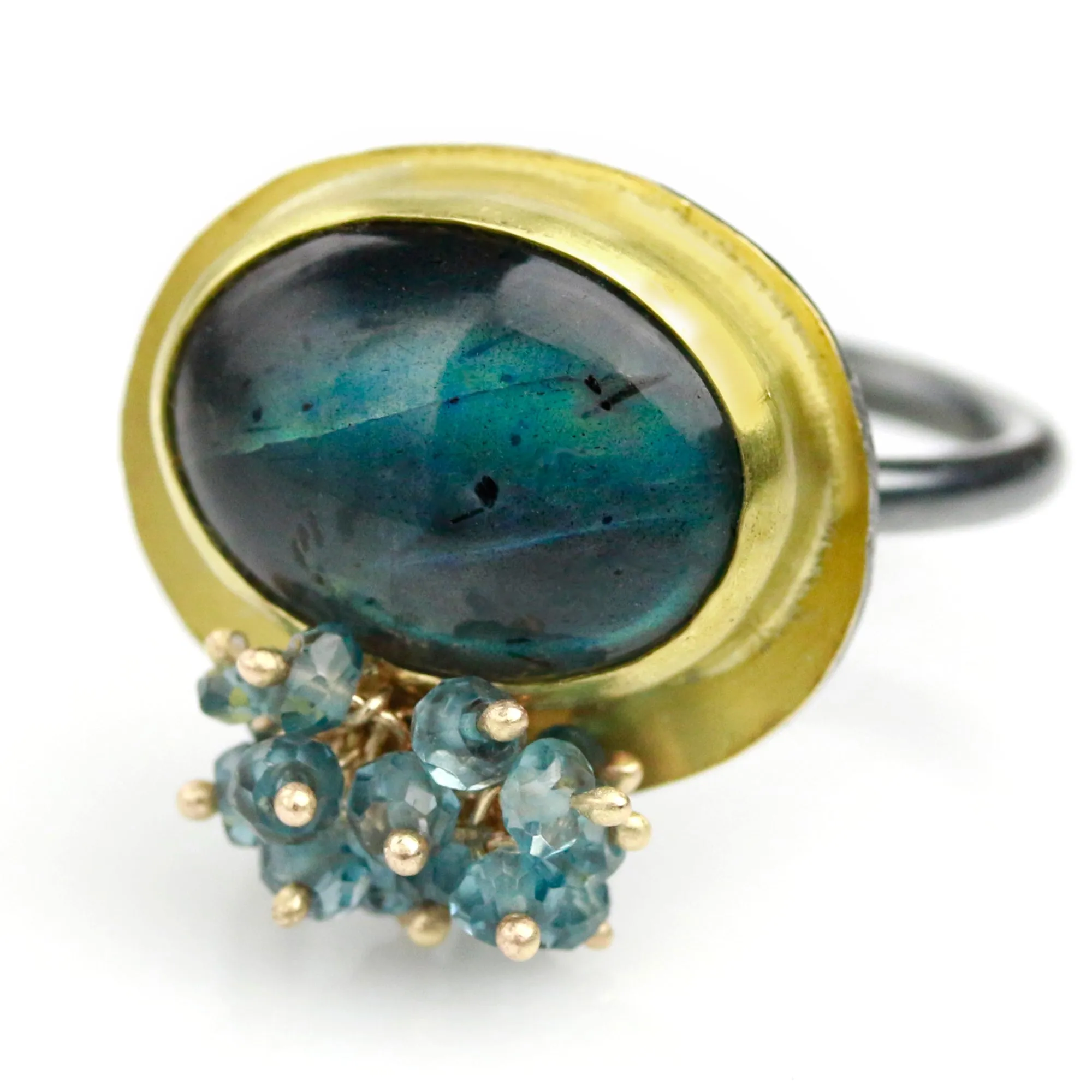 SOLD Aqua Blue Labradorite Ring with London Blue Topaz Cluster. Size 6 1/2.