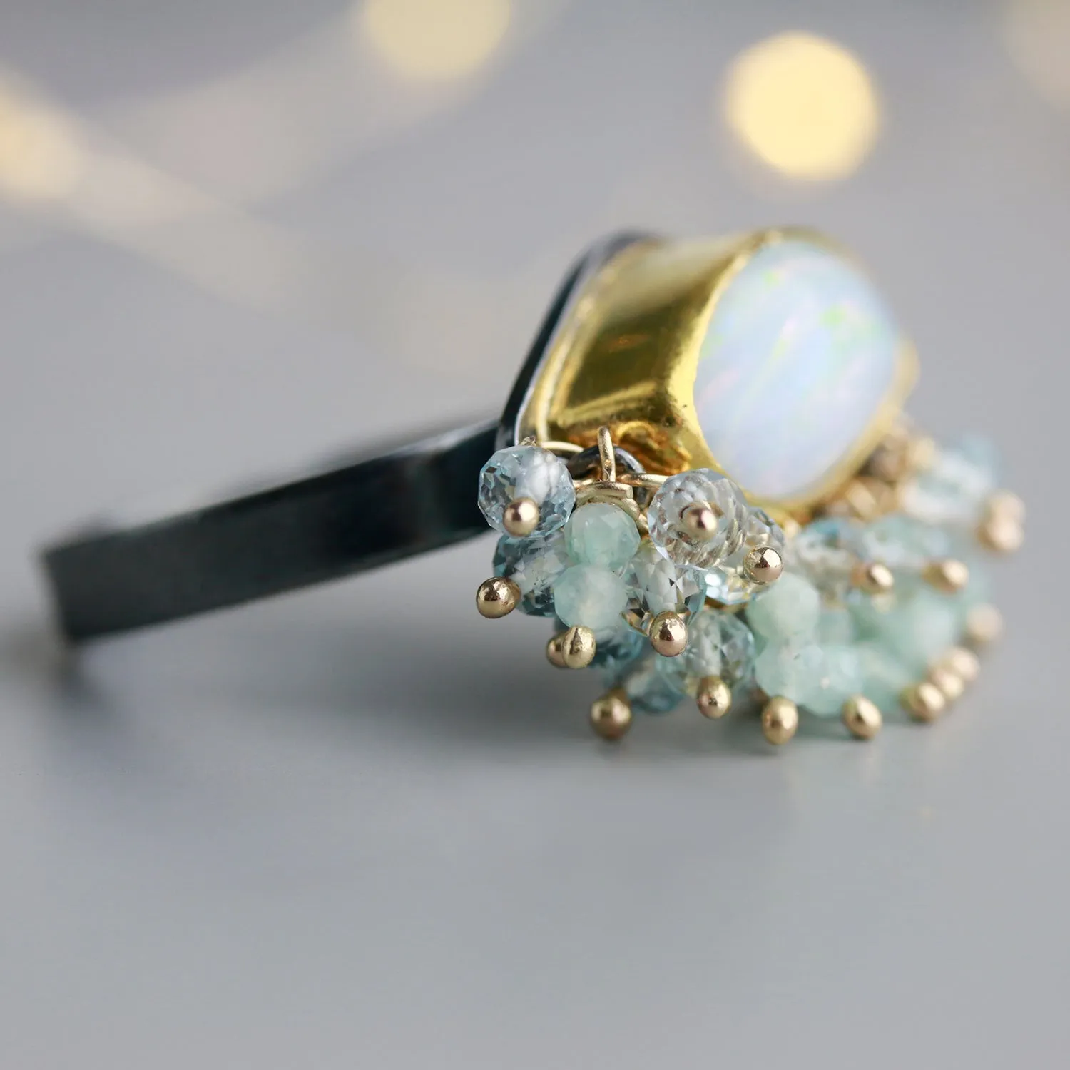 Sold — Australian Opal Ring with Topaz and Amazonite Fringe. Size 8. 22k Gold and Silver.