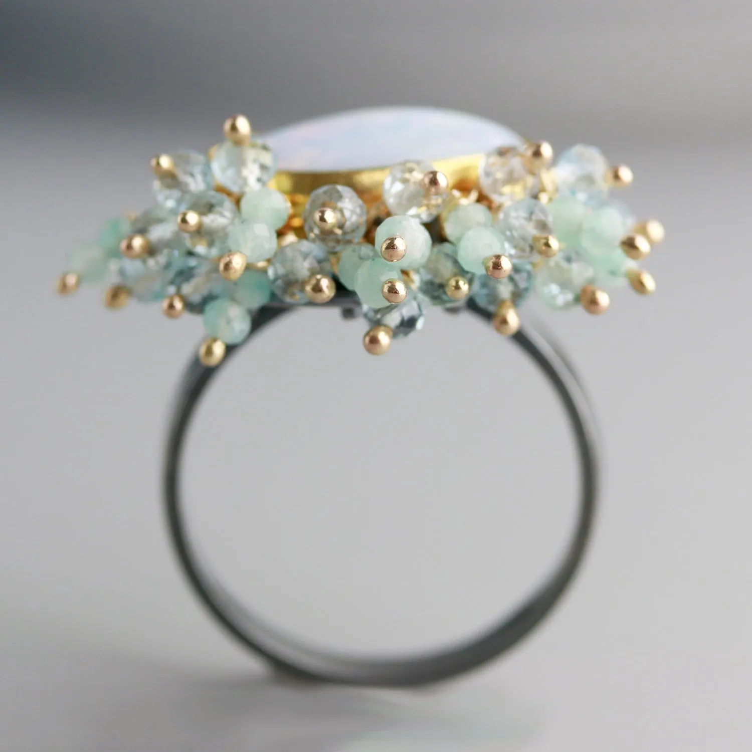 Sold — Australian Opal Ring with Topaz and Amazonite Fringe. Size 8. 22k Gold and Silver.