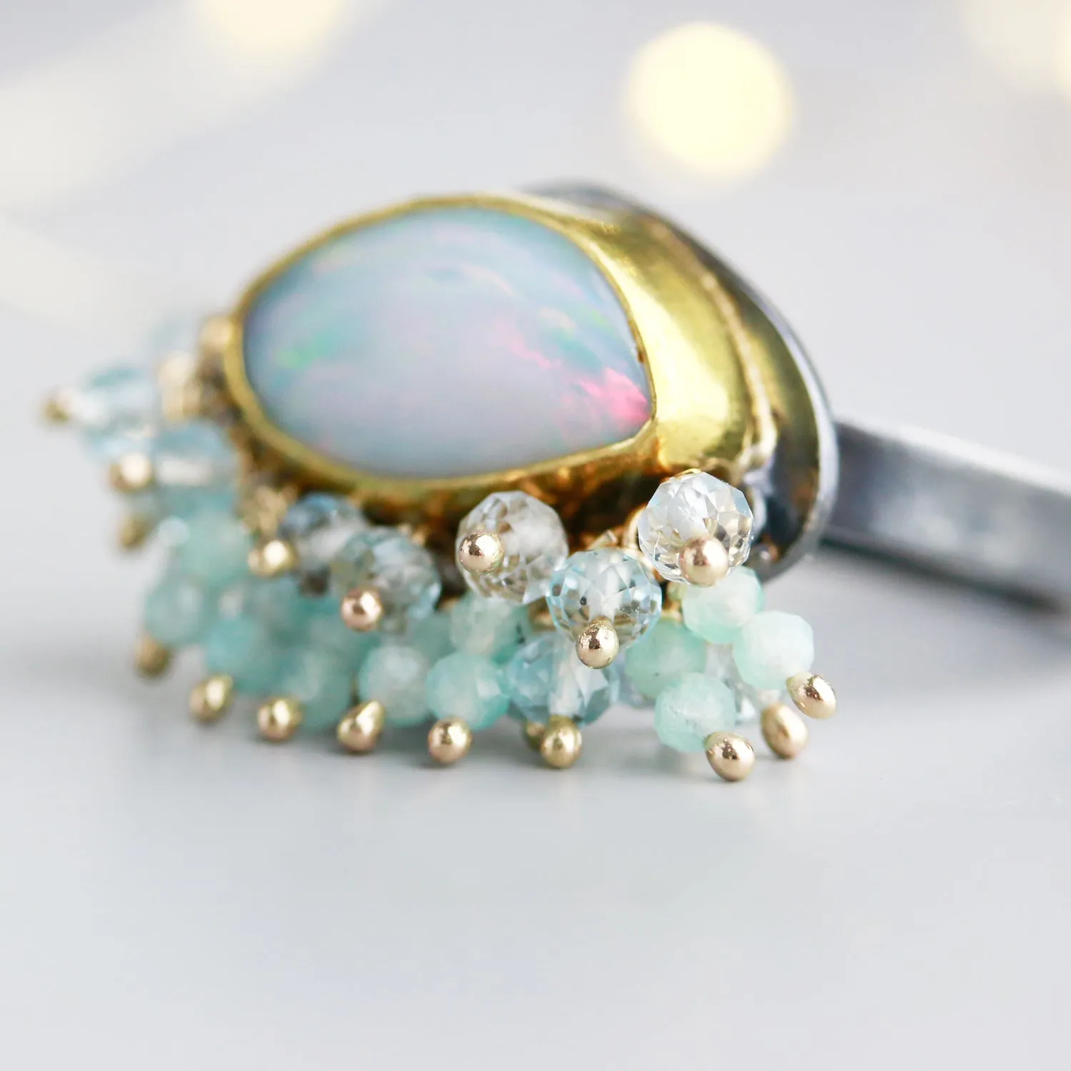 Sold — Australian Opal Ring with Topaz and Amazonite Fringe. Size 8. 22k Gold and Silver.