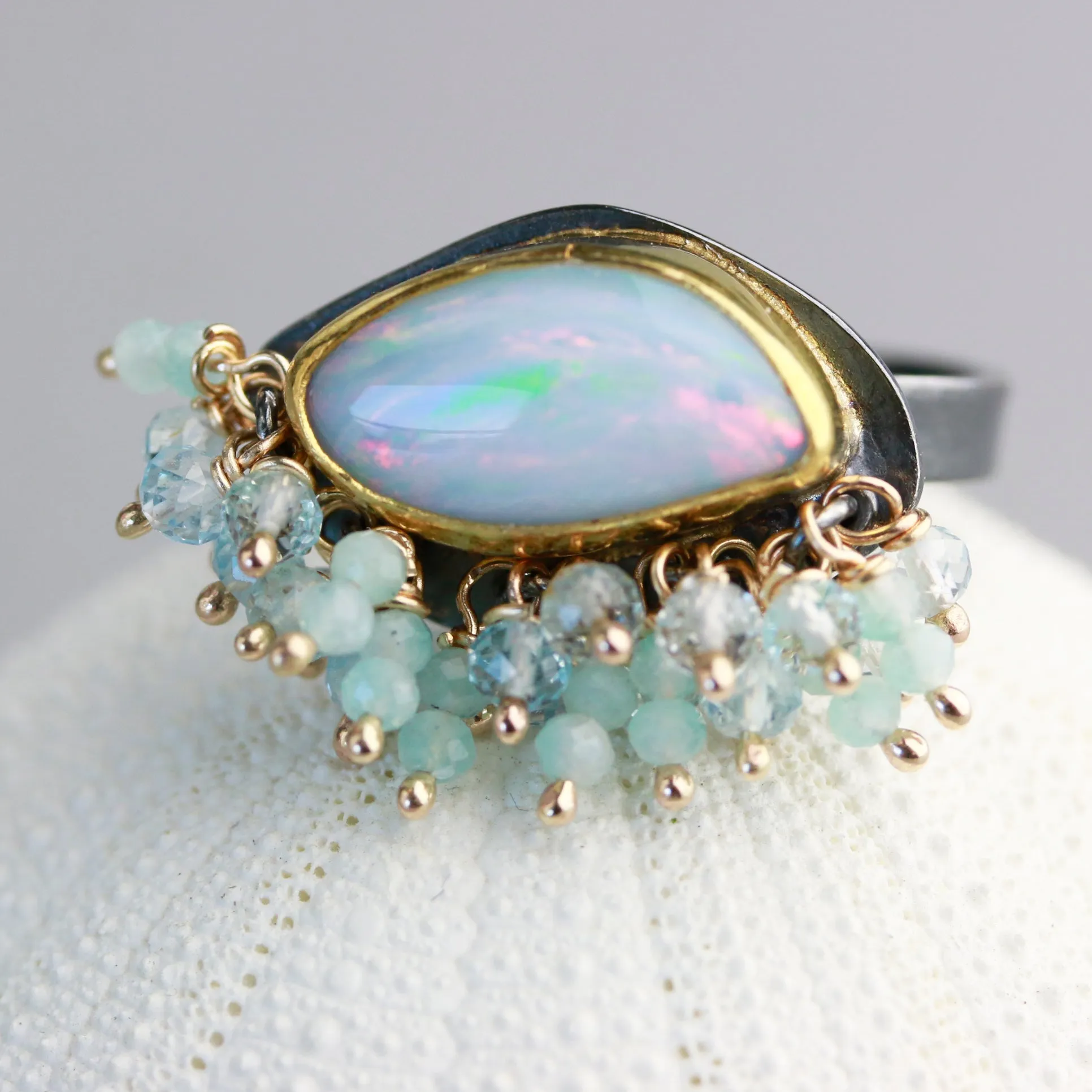 Sold — Australian Opal Ring with Topaz and Amazonite Fringe. Size 8. 22k Gold and Silver.