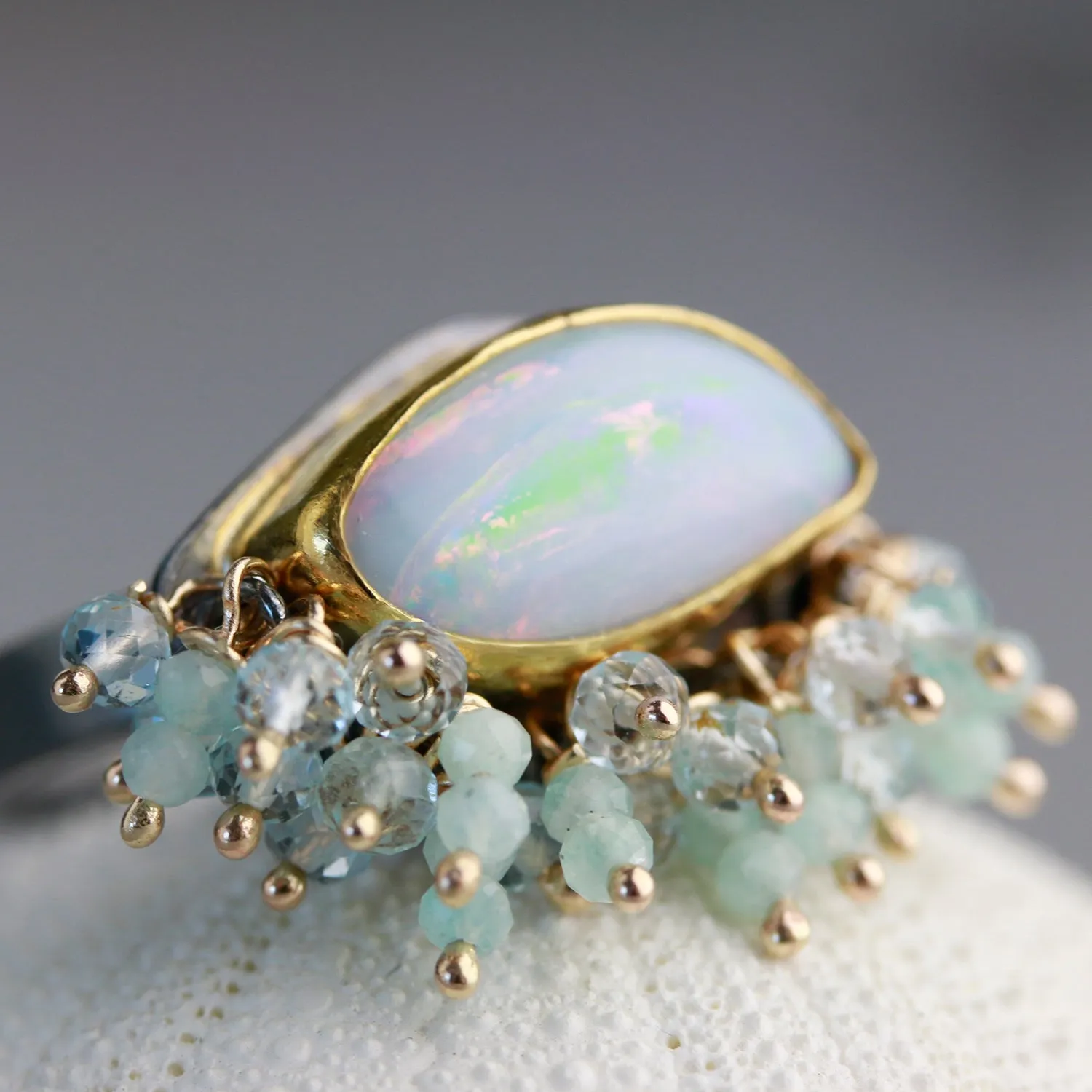 Sold — Australian Opal Ring with Topaz and Amazonite Fringe. Size 8. 22k Gold and Silver.