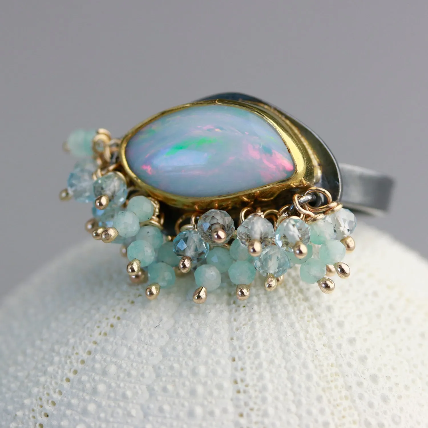 Sold — Australian Opal Ring with Topaz and Amazonite Fringe. Size 8. 22k Gold and Silver.