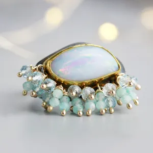 Sold — Australian Opal Ring with Topaz and Amazonite Fringe. Size 8. 22k Gold and Silver.