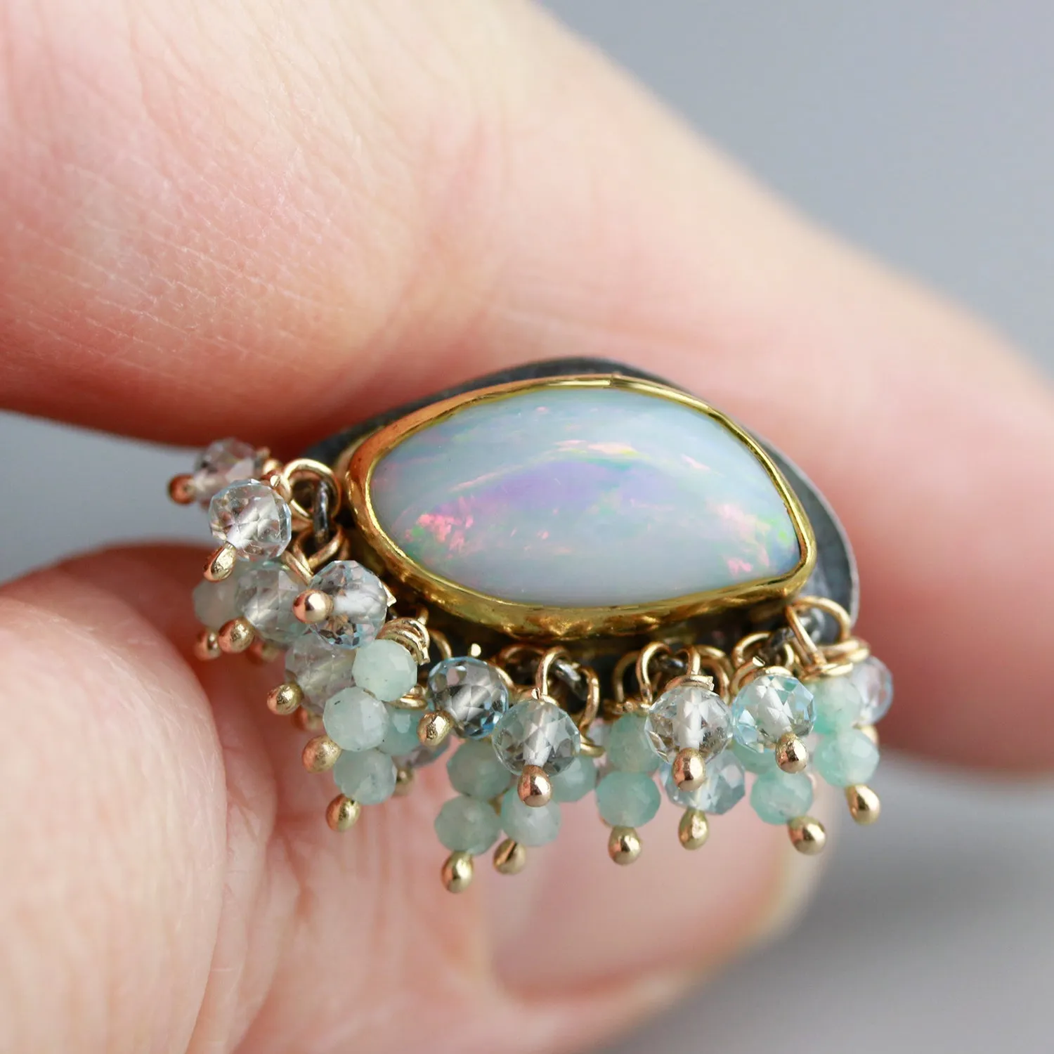 Sold — Australian Opal Ring with Topaz and Amazonite Fringe. Size 8. 22k Gold and Silver.
