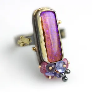 Sold. Australian Pipe Wood Fossil Opal with Ruby and Tanzanite Cluster Ring