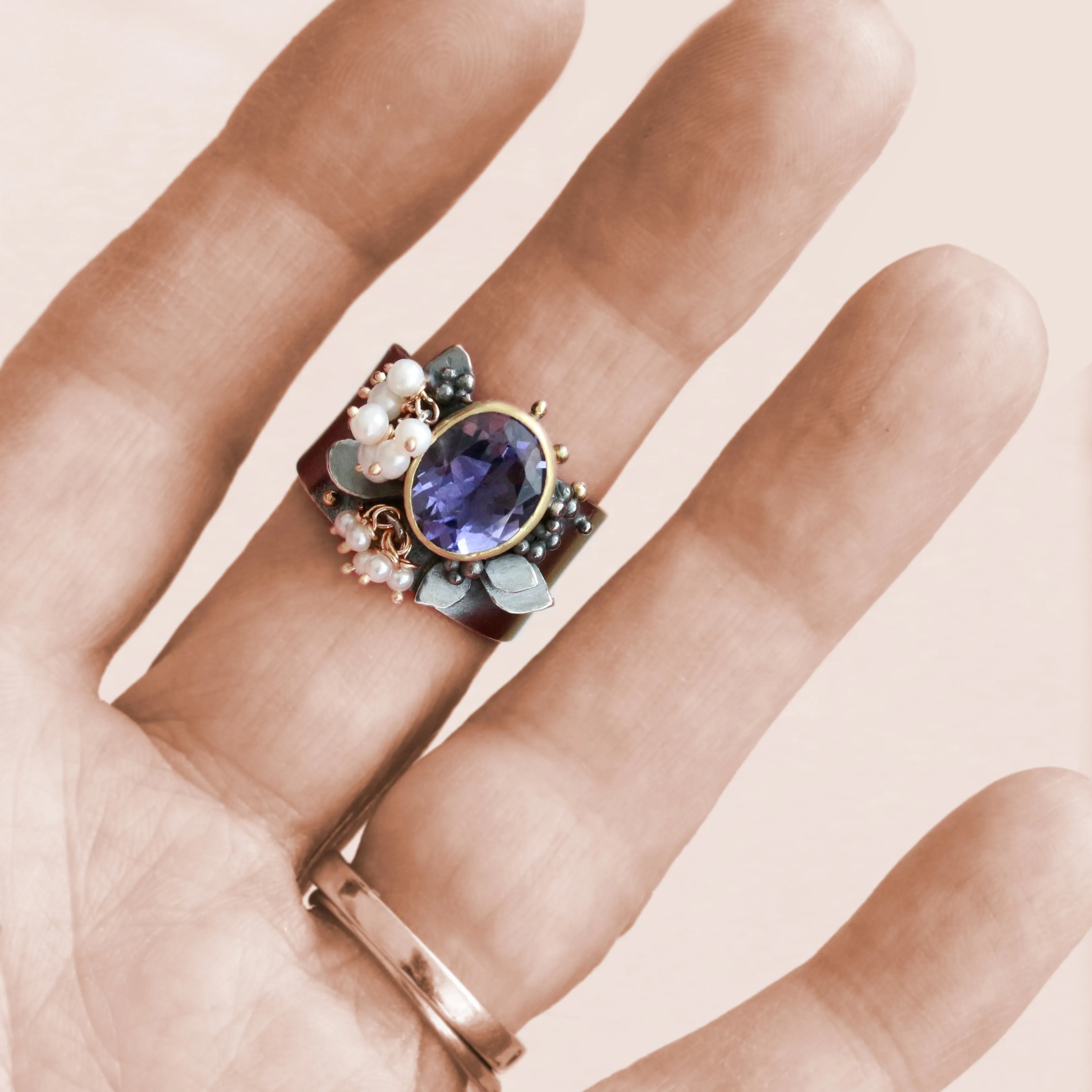 Sold! Blooming Iolite Wide Band Ring. Size 6-9 1/2.
