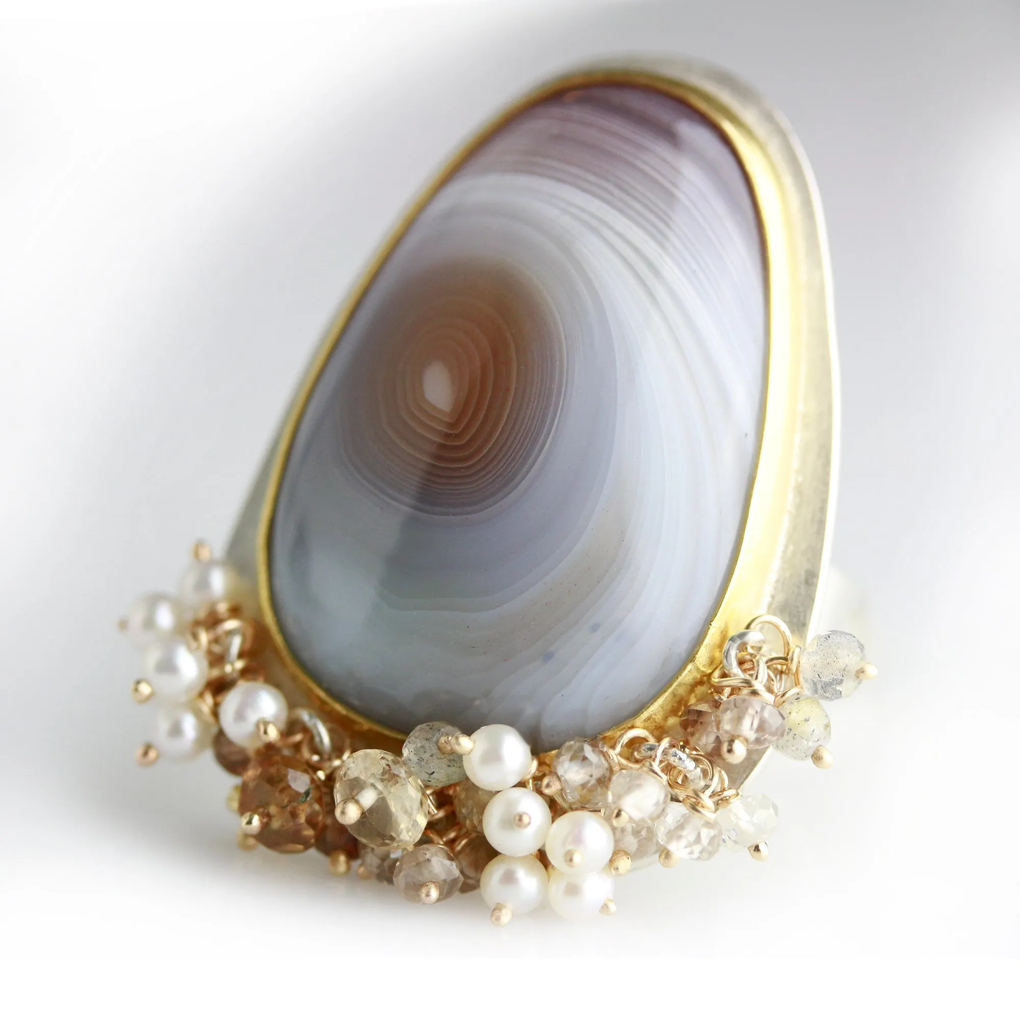 SOLD Bold Botswana Agate Ring with Fringe. Size 8 1/4.