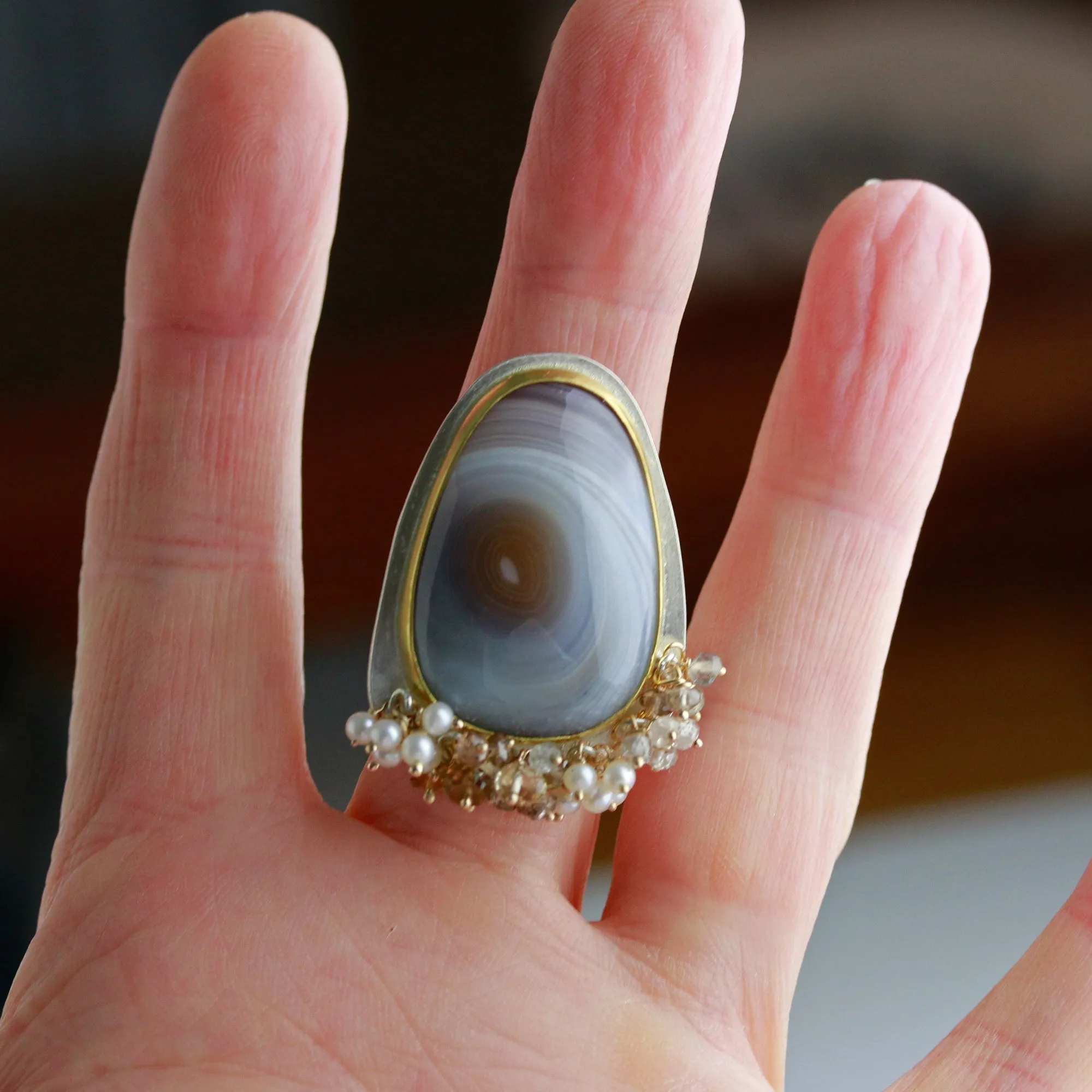 SOLD Bold Botswana Agate Ring with Fringe. Size 8 1/4.