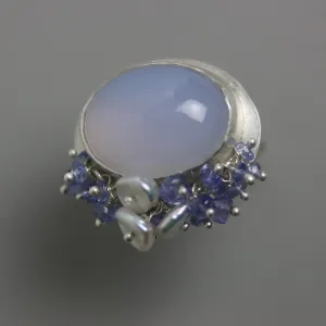 SOLD - Natural Blue Chalcedony with Tanzanite and Pearl Fringe. Size 8 1/4.