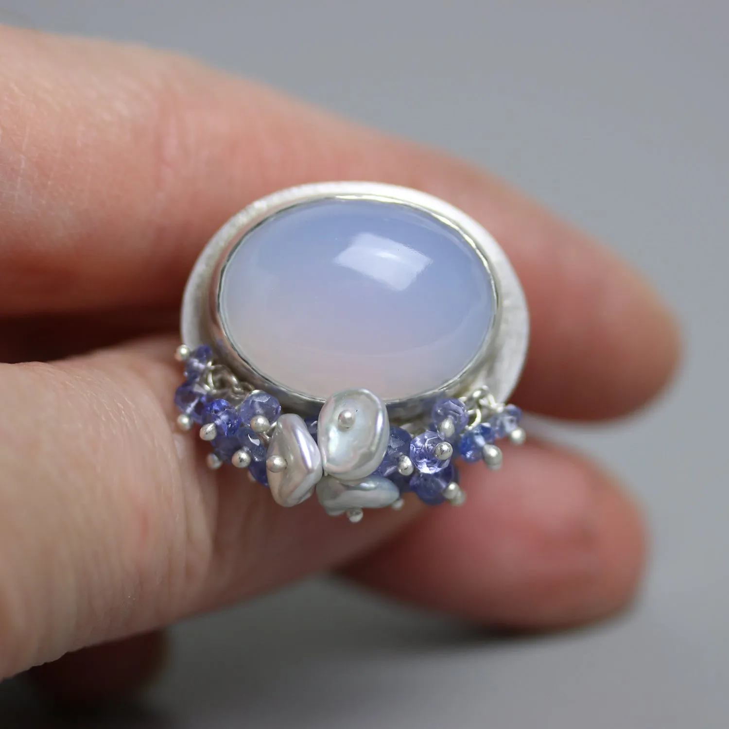 SOLD - Natural Blue Chalcedony with Tanzanite and Pearl Fringe. Size 8 1/4.