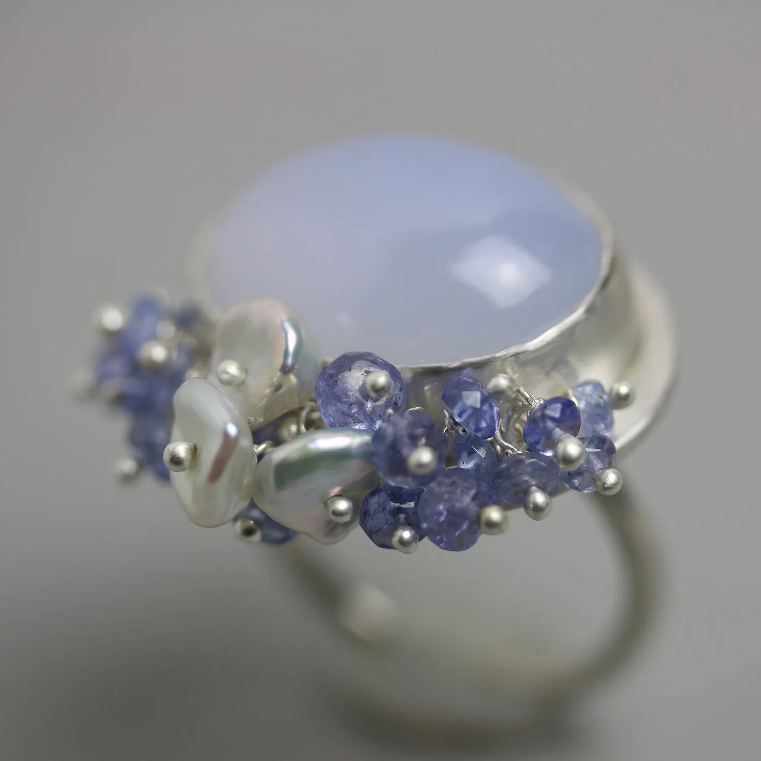SOLD - Natural Blue Chalcedony with Tanzanite and Pearl Fringe. Size 8 1/4.
