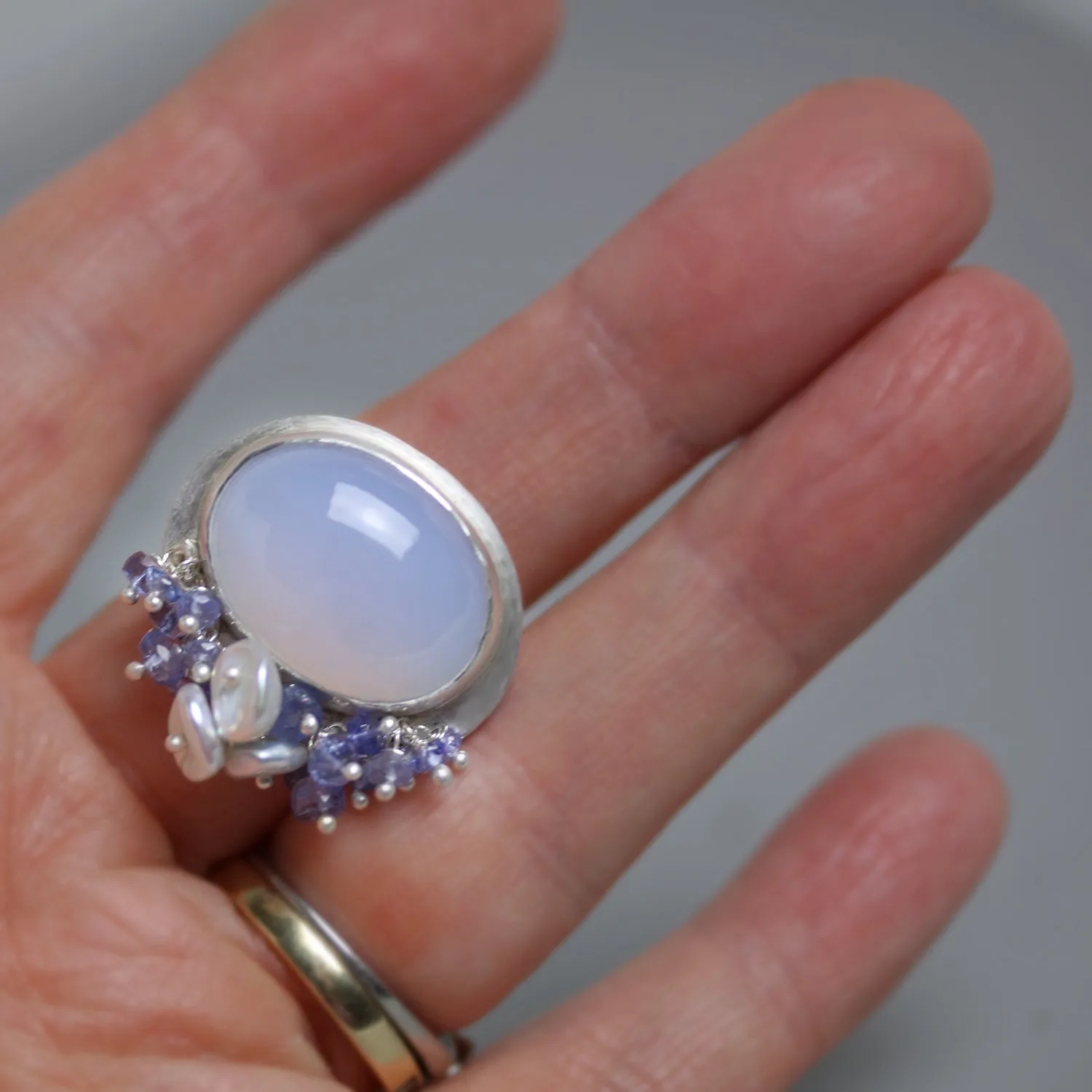SOLD - Natural Blue Chalcedony with Tanzanite and Pearl Fringe. Size 8 1/4.