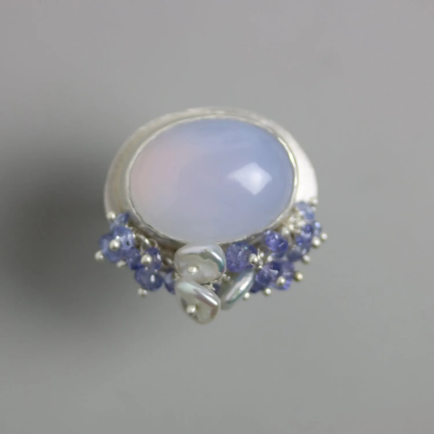 SOLD - Natural Blue Chalcedony with Tanzanite and Pearl Fringe. Size 8 1/4.