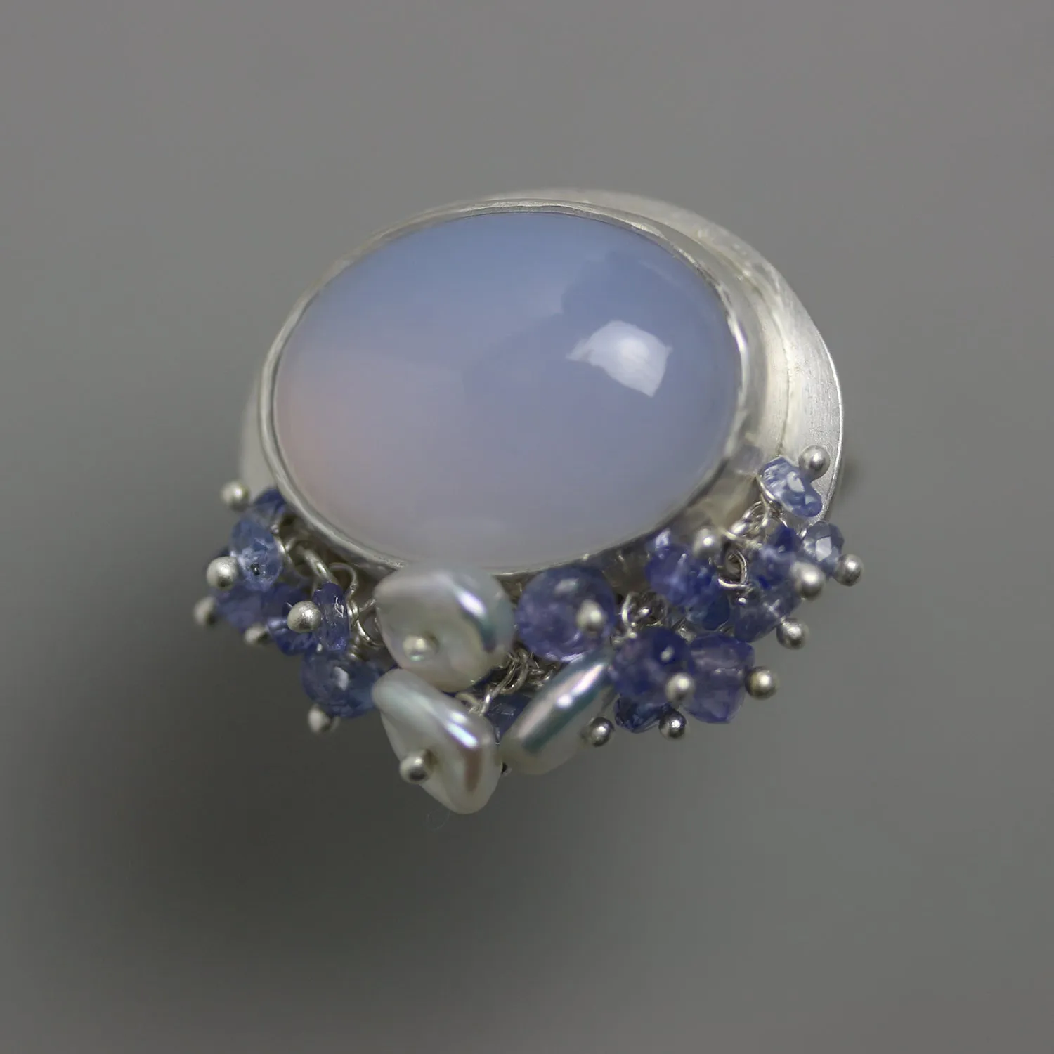 SOLD - Natural Blue Chalcedony with Tanzanite and Pearl Fringe. Size 8 1/4.