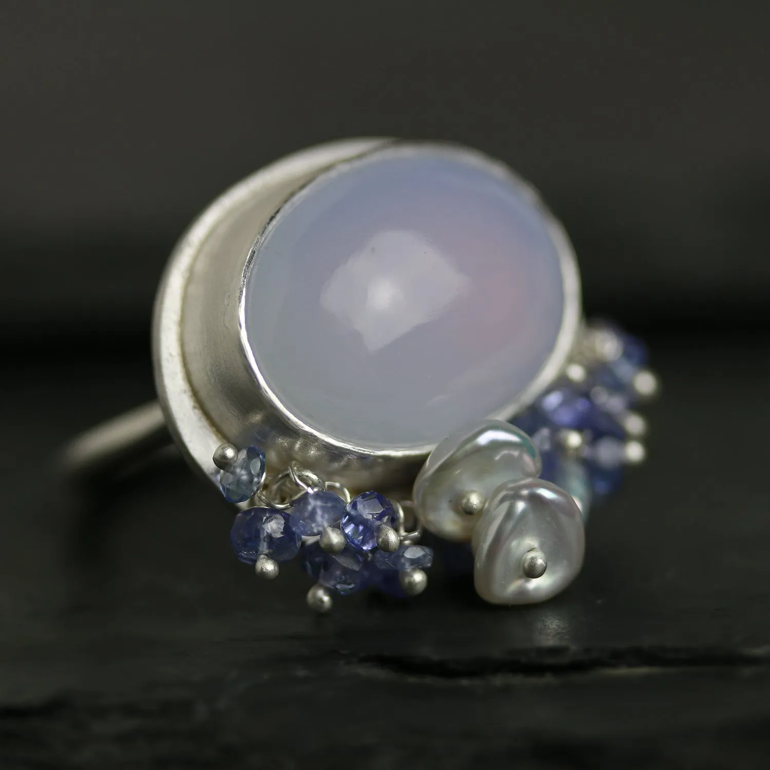 SOLD - Natural Blue Chalcedony with Tanzanite and Pearl Fringe. Size 8 1/4.