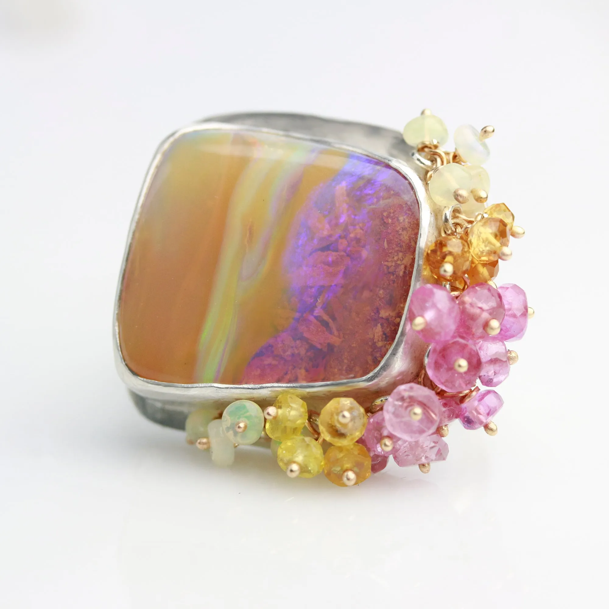 SOLD  Pipe Opal Sunrise Landscape Ring with Fringe. Size 7.