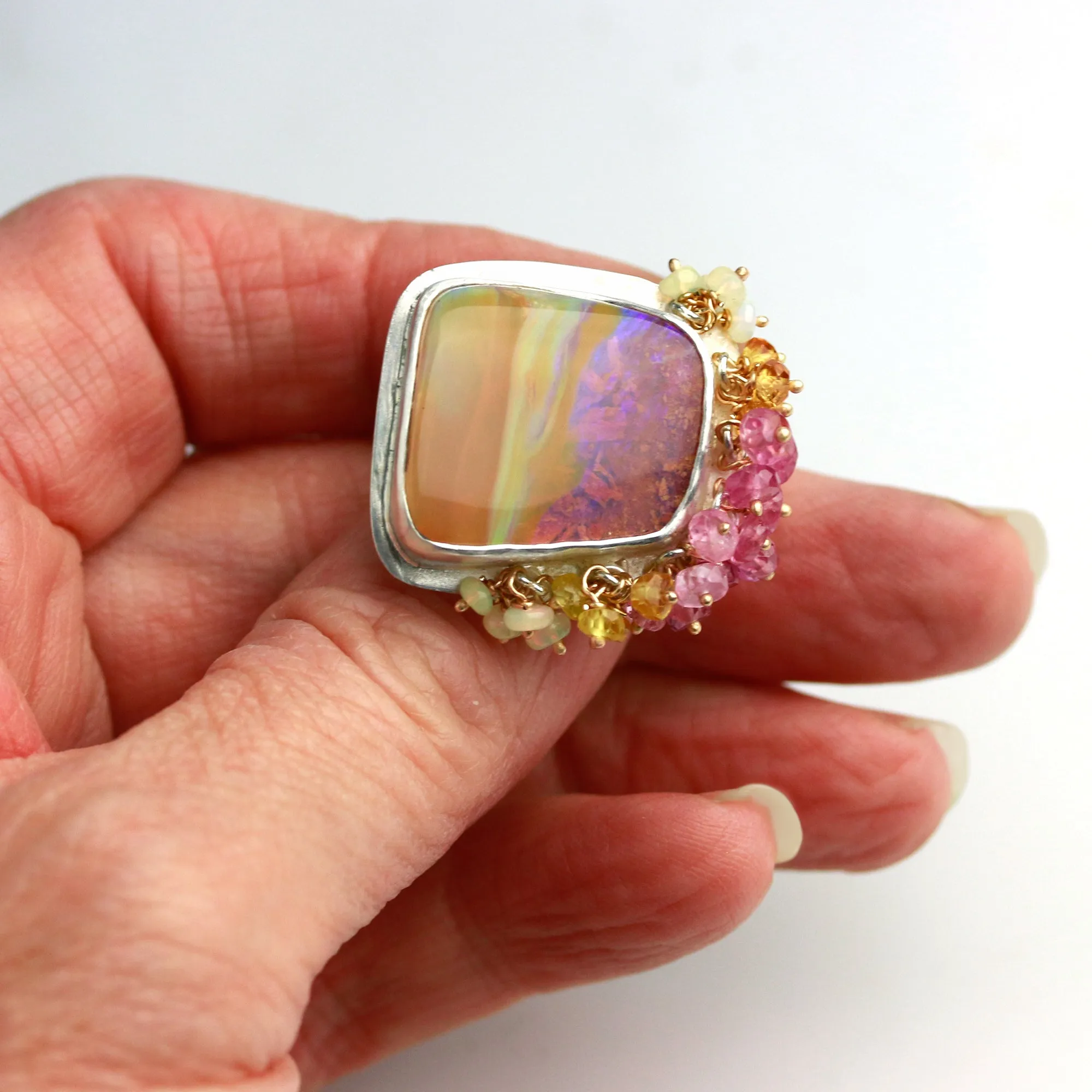 SOLD  Pipe Opal Sunrise Landscape Ring with Fringe. Size 7.