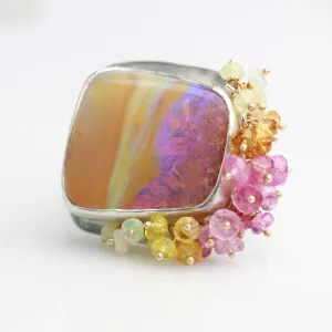 SOLD  Pipe Opal Sunrise Landscape Ring with Fringe. Size 7.