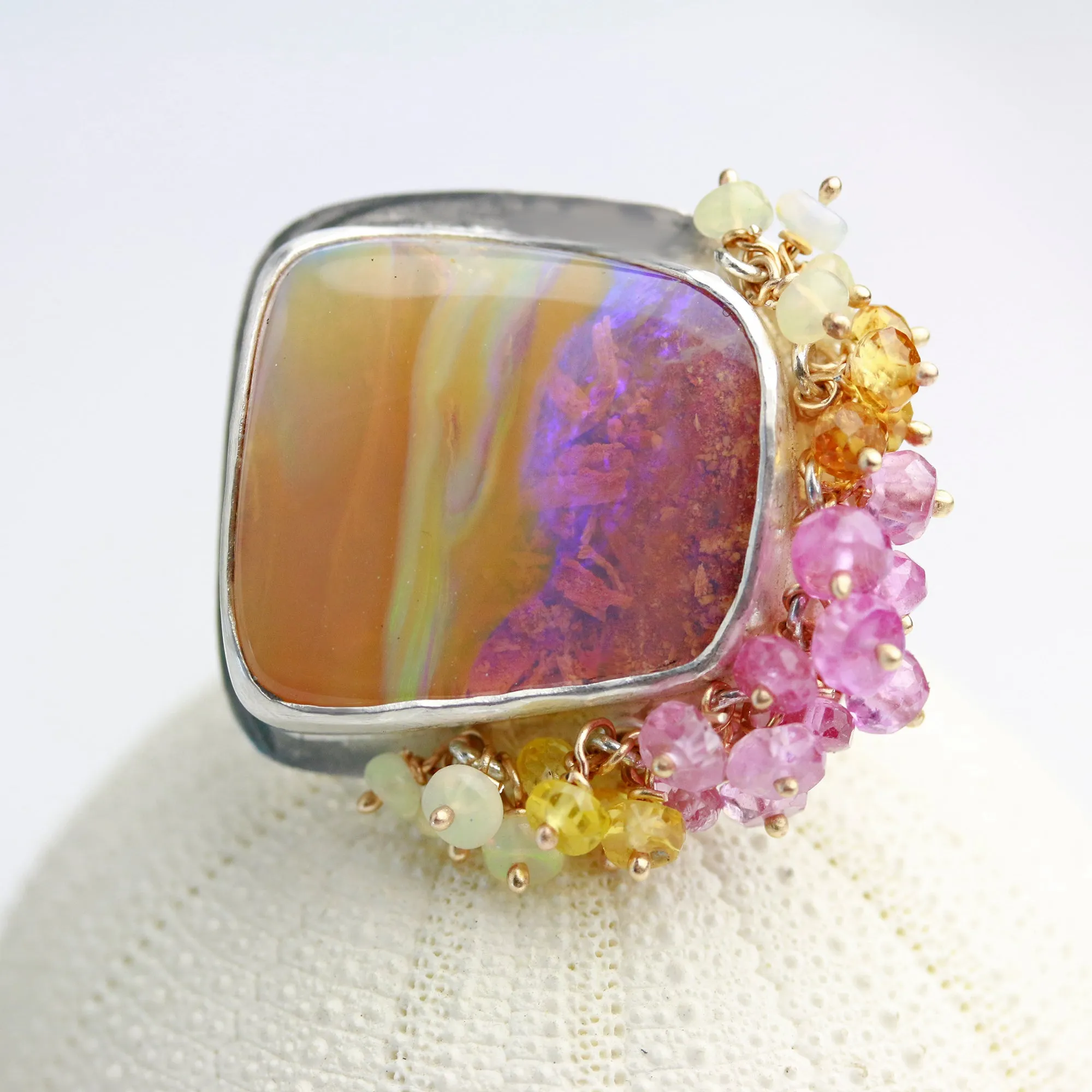 SOLD  Pipe Opal Sunrise Landscape Ring with Fringe. Size 7.