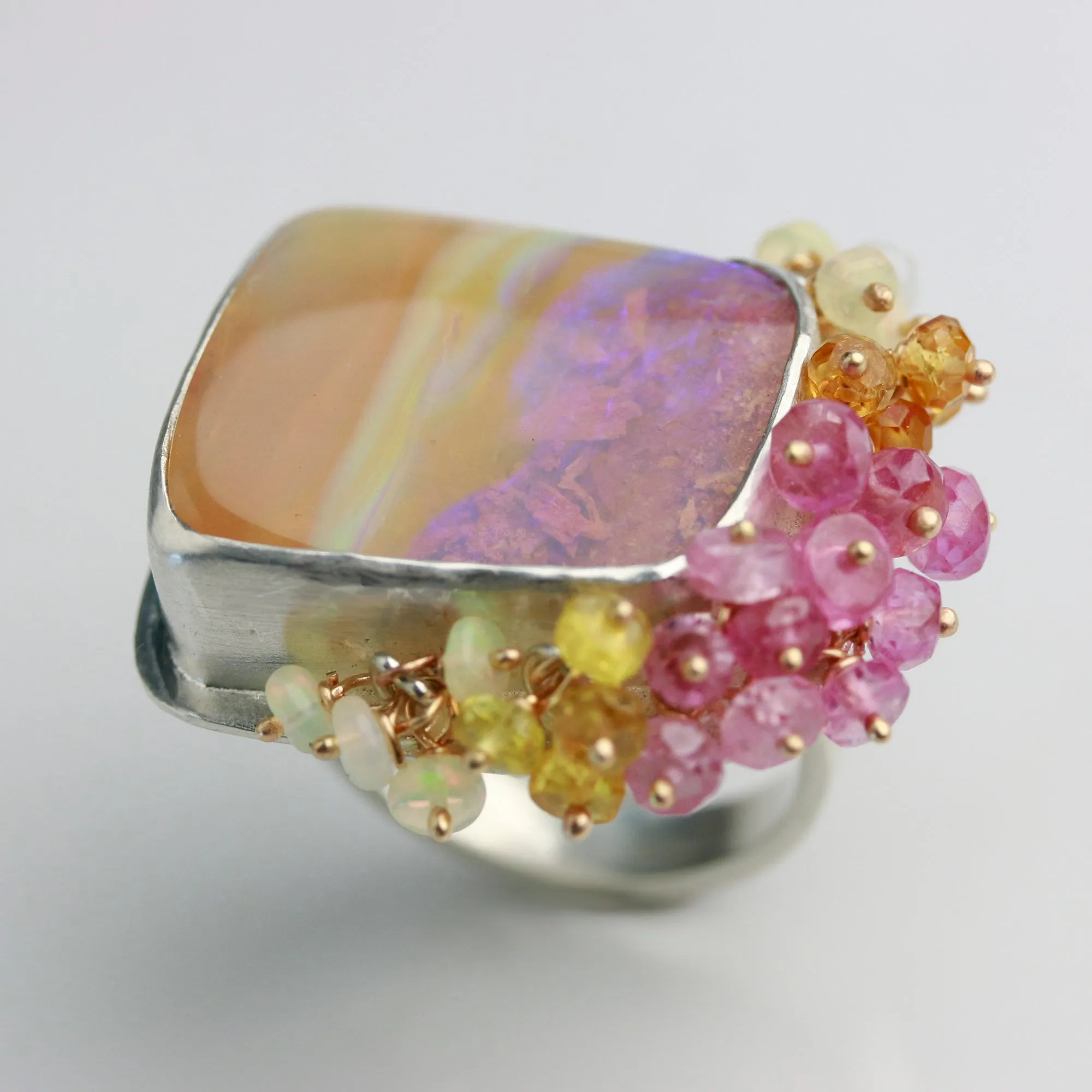 SOLD  Pipe Opal Sunrise Landscape Ring with Fringe. Size 7.