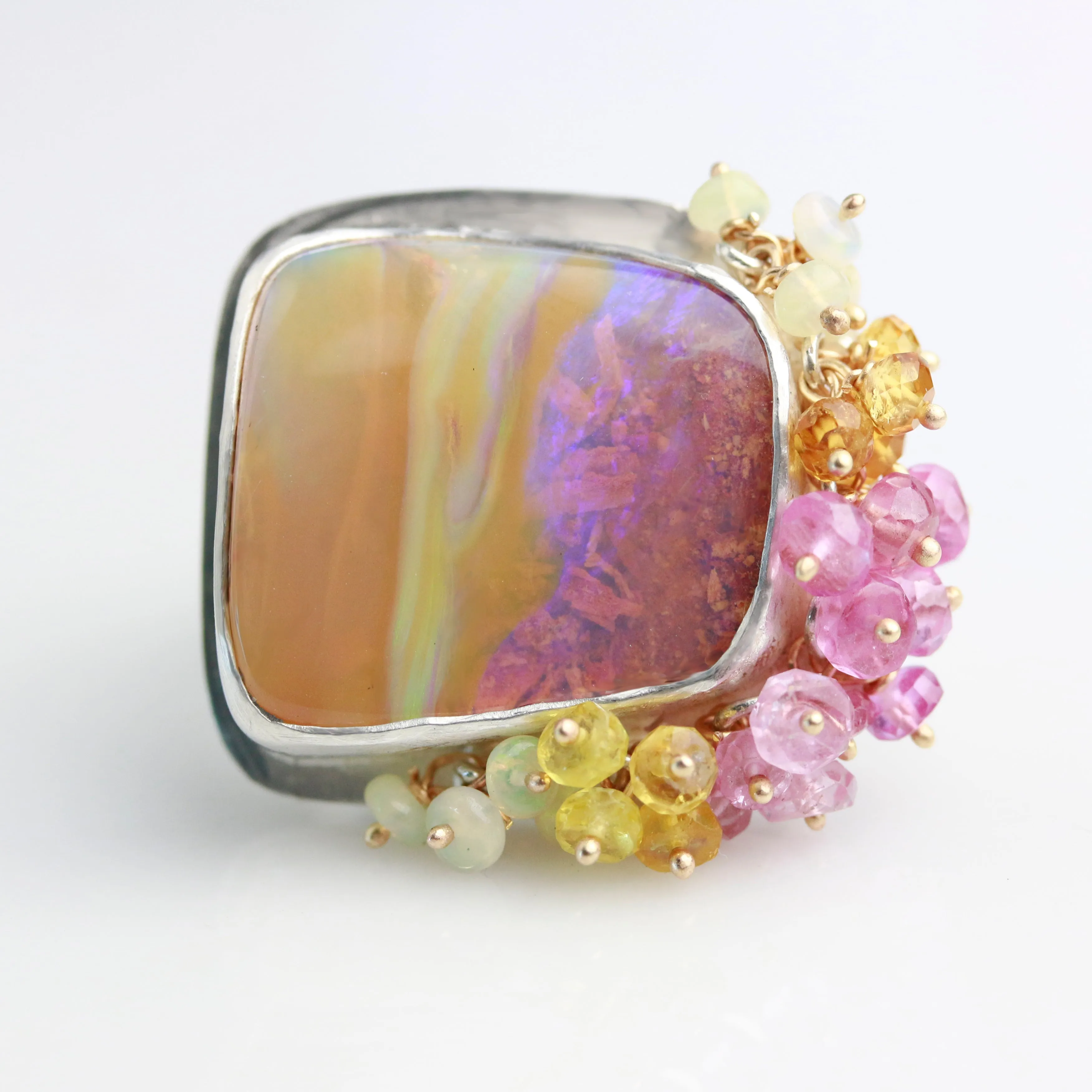 SOLD  Pipe Opal Sunrise Landscape Ring with Fringe. Size 7.