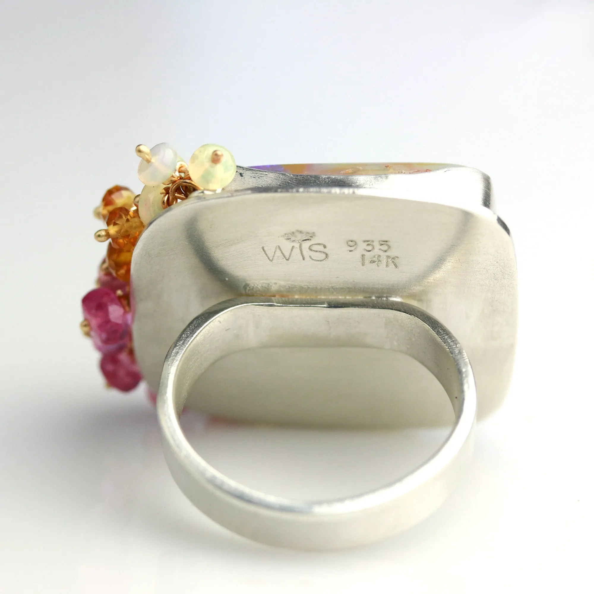 SOLD  Pipe Opal Sunrise Landscape Ring with Fringe. Size 7.
