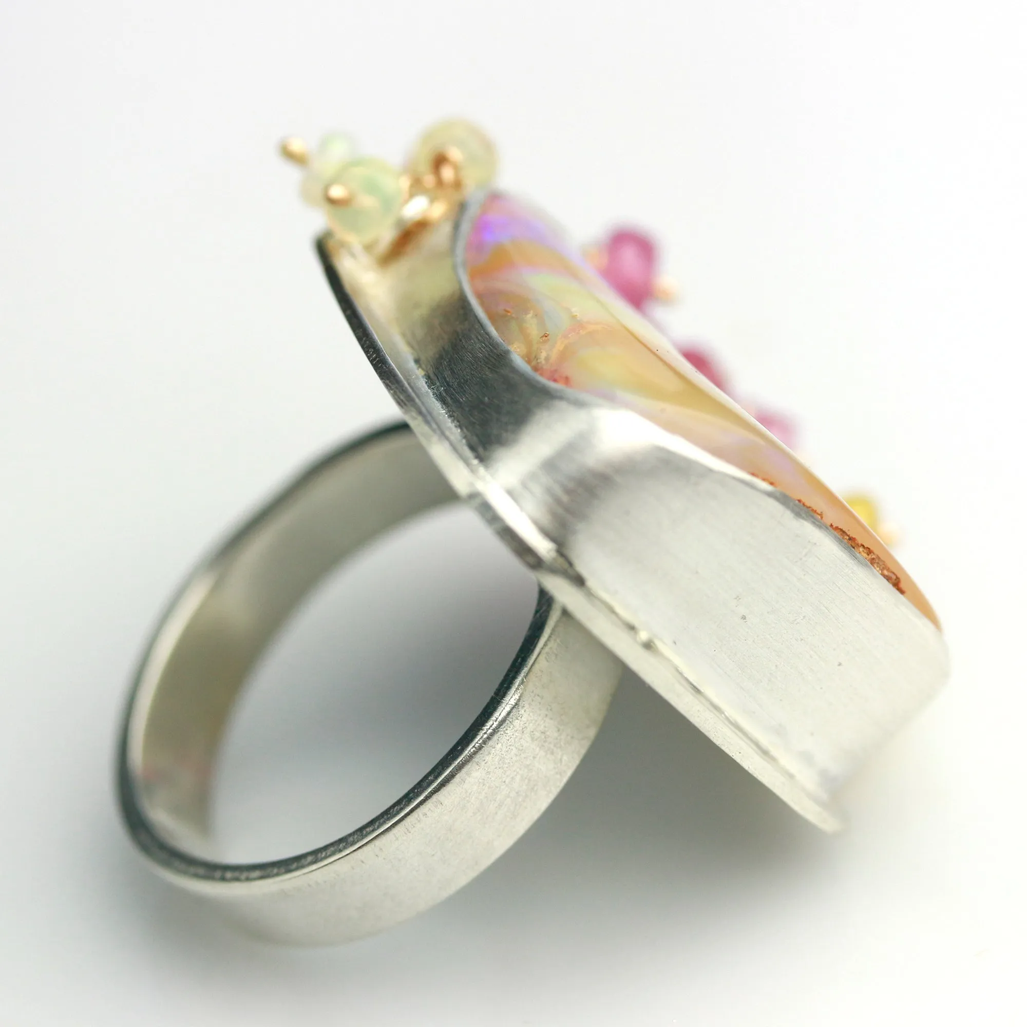 SOLD  Pipe Opal Sunrise Landscape Ring with Fringe. Size 7.