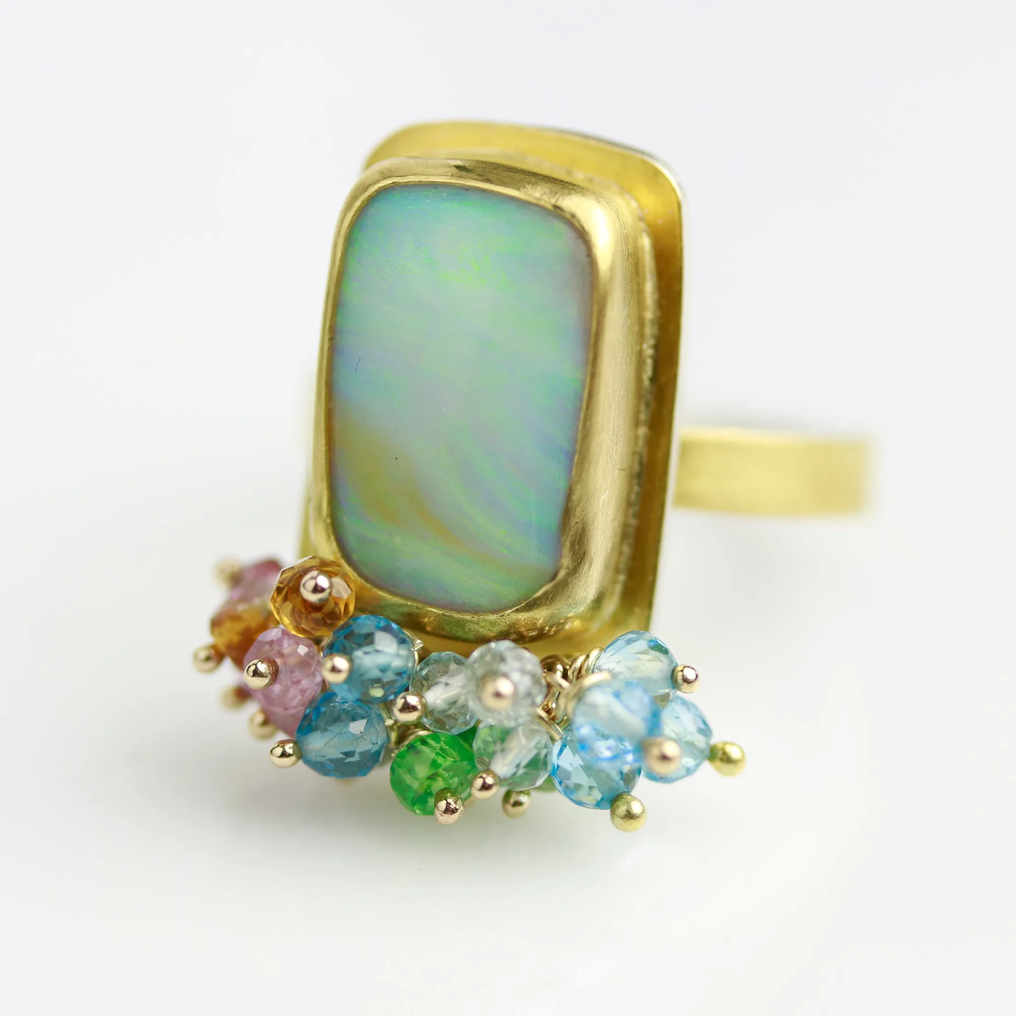 SOLD. Queensland Pipe Opal Ring with Gemstone Fringe. Size 8.