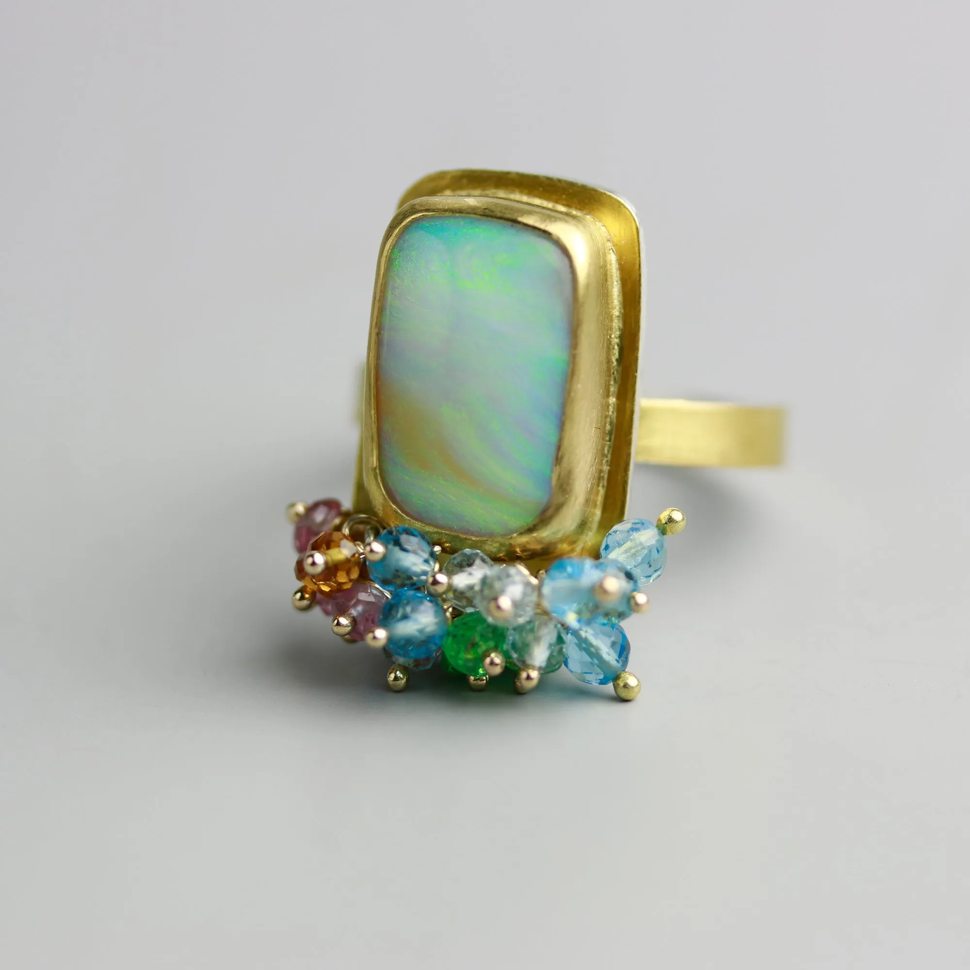 SOLD. Queensland Pipe Opal Ring with Gemstone Fringe. Size 8.