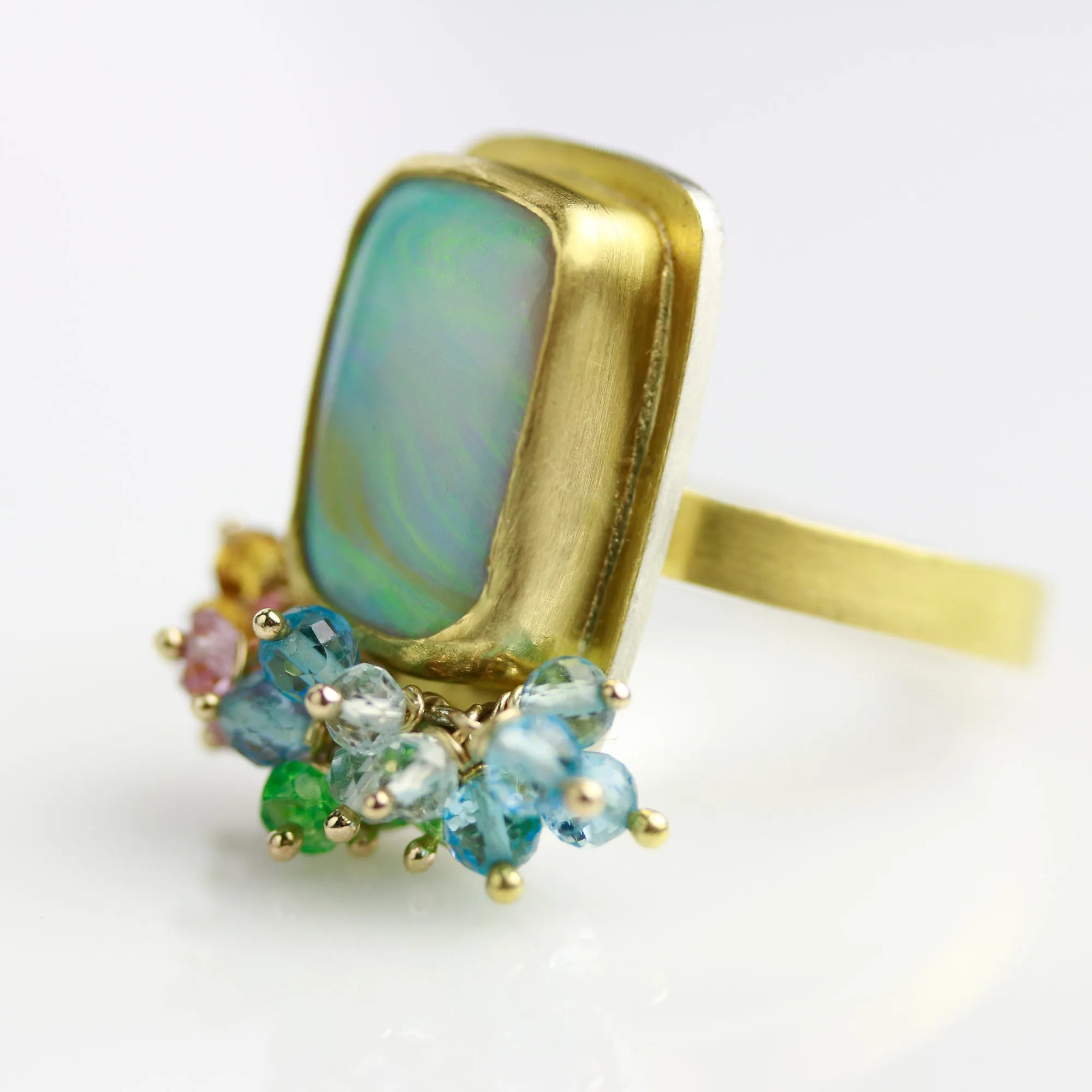 SOLD. Queensland Pipe Opal Ring with Gemstone Fringe. Size 8.