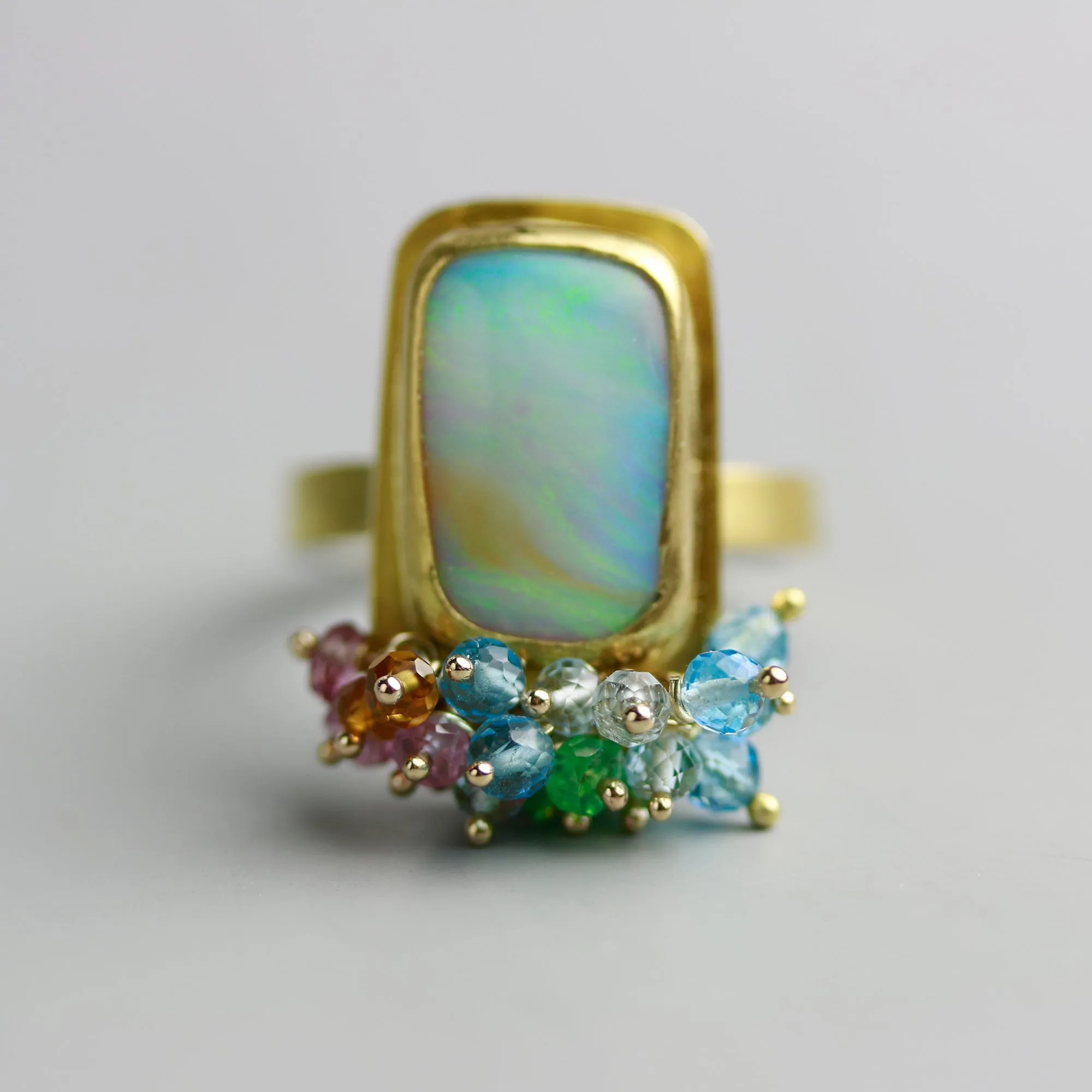 SOLD. Queensland Pipe Opal Ring with Gemstone Fringe. Size 8.