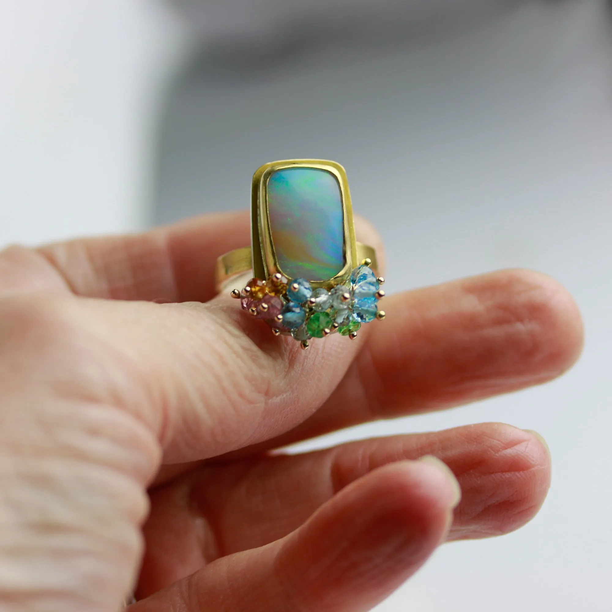 SOLD. Queensland Pipe Opal Ring with Gemstone Fringe. Size 8.