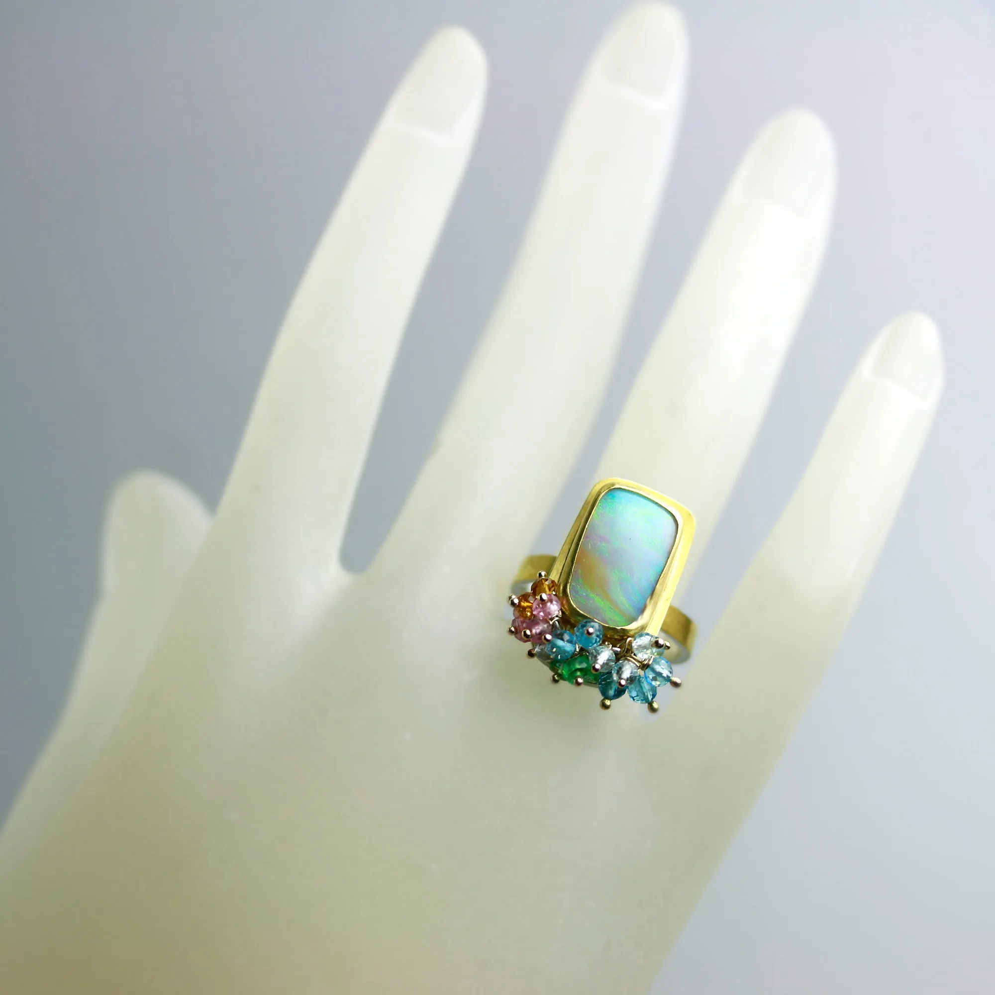 SOLD. Queensland Pipe Opal Ring with Gemstone Fringe. Size 8.