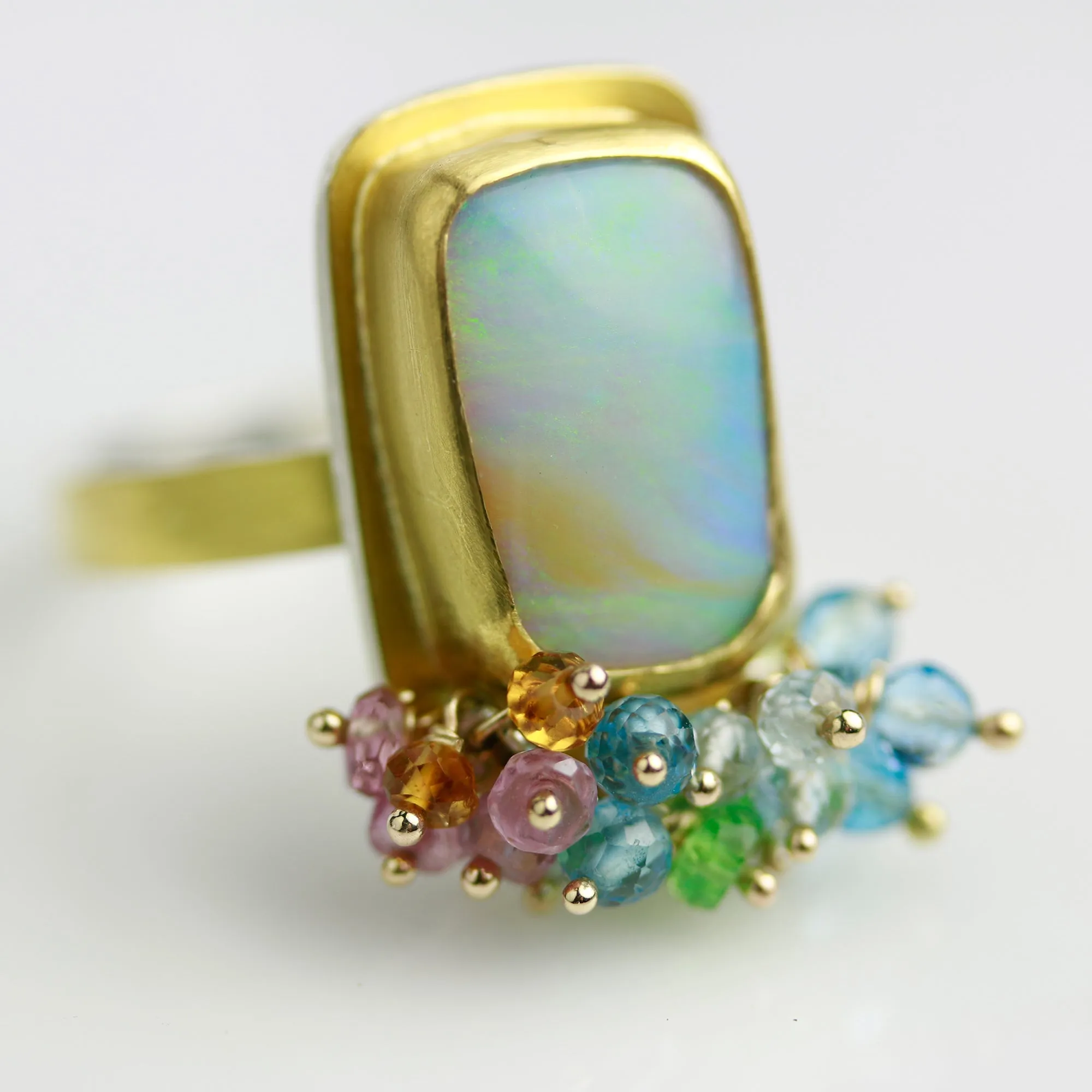 SOLD. Queensland Pipe Opal Ring with Gemstone Fringe. Size 8.