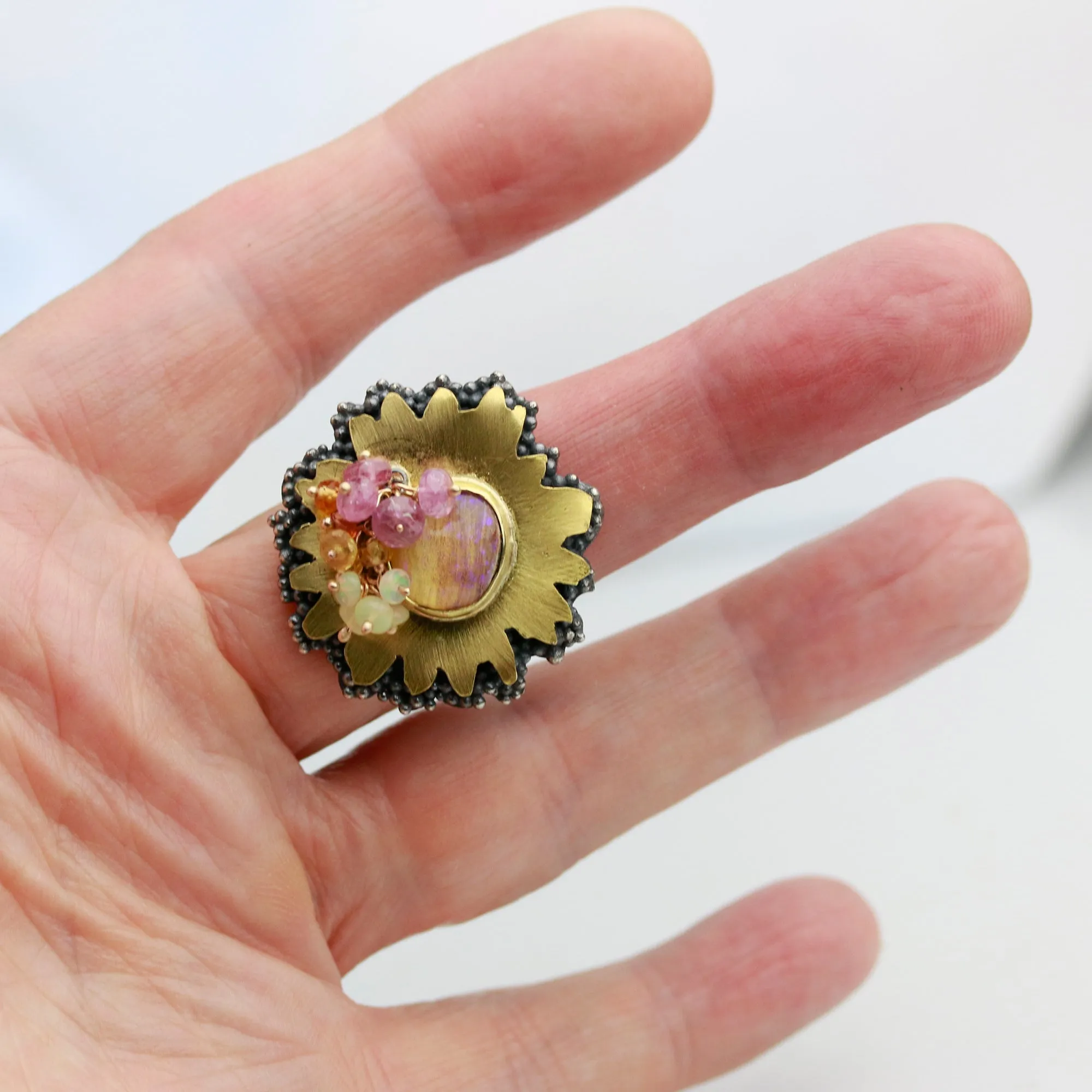 Sold! Rose and Gold Pipe Opal Daisy Ring. Size 8 1 /4.