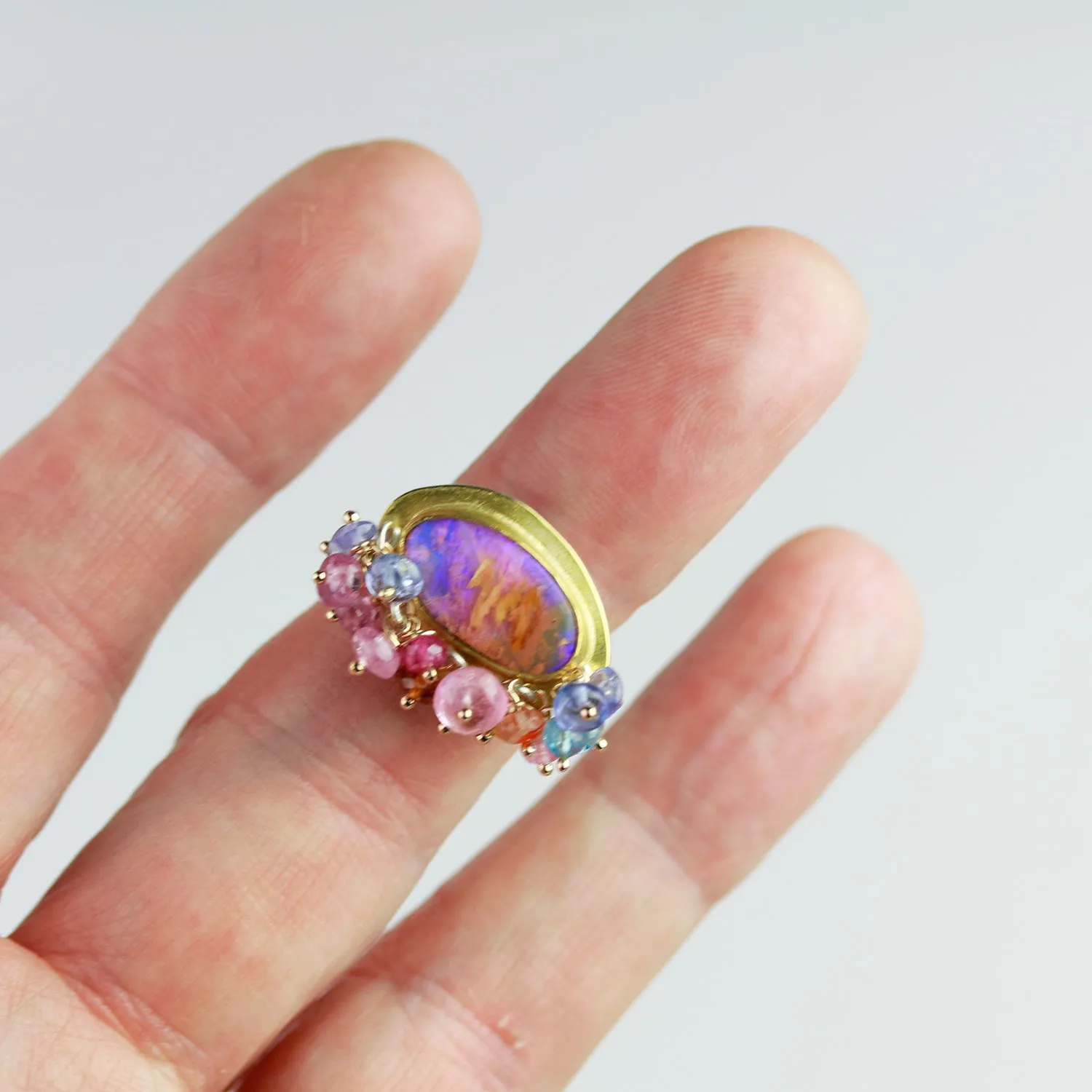 SOLD! Solid Australian Wood Opal Ring with Pink Sapphire, Tanzanite, Spessartite Garnet Fringe. Size 4 3/4