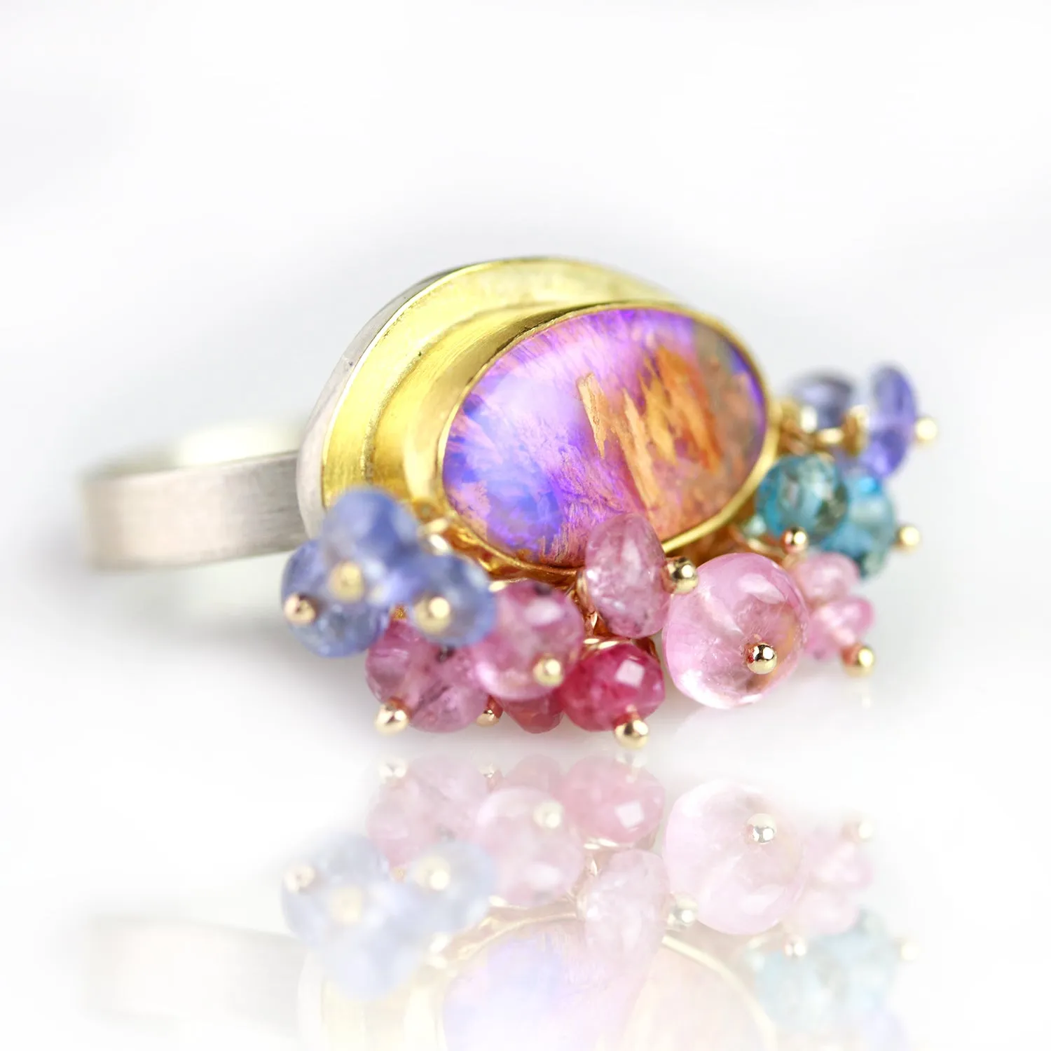 SOLD! Solid Australian Wood Opal Ring with Pink Sapphire, Tanzanite, Spessartite Garnet Fringe. Size 4 3/4