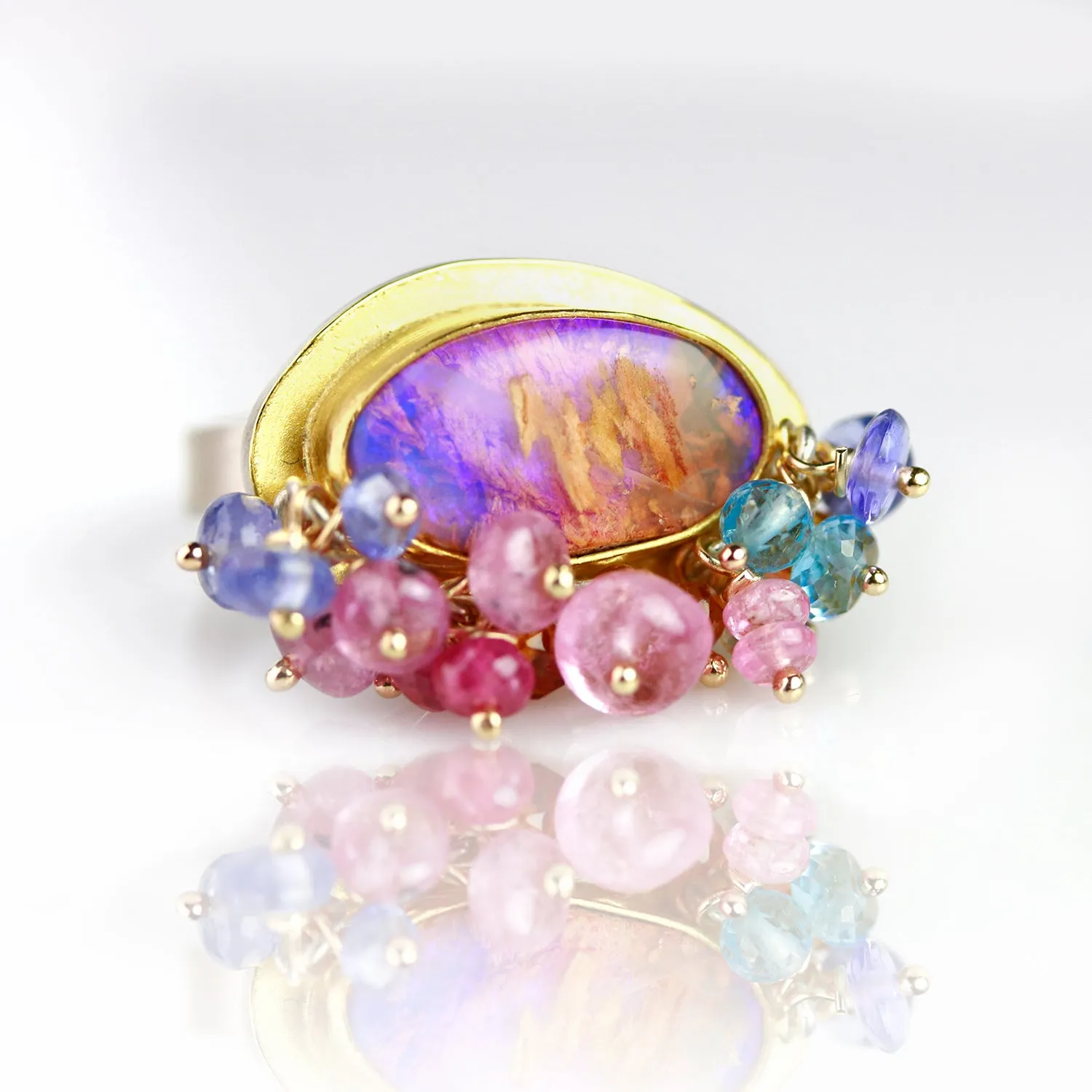 SOLD! Solid Australian Wood Opal Ring with Pink Sapphire, Tanzanite, Spessartite Garnet Fringe. Size 4 3/4